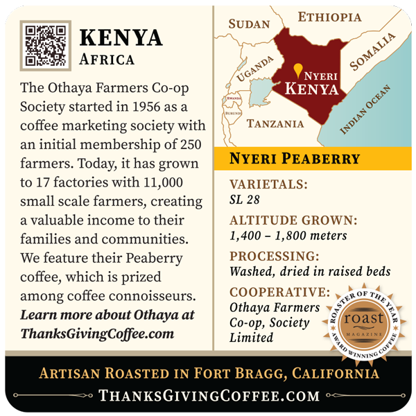 Light roast Kenya Nyeri Peaberry coffee bag label from Thanksgiving Coffee Company, featuring detailed product branding and design.
