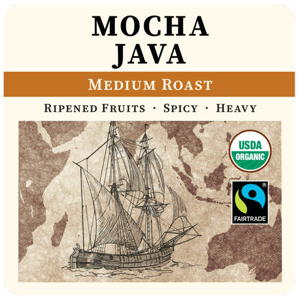 Bag of Thanksgiving Coffee Company's Mocha Java FTO medium roast coffee with a label showing the 2023 design.