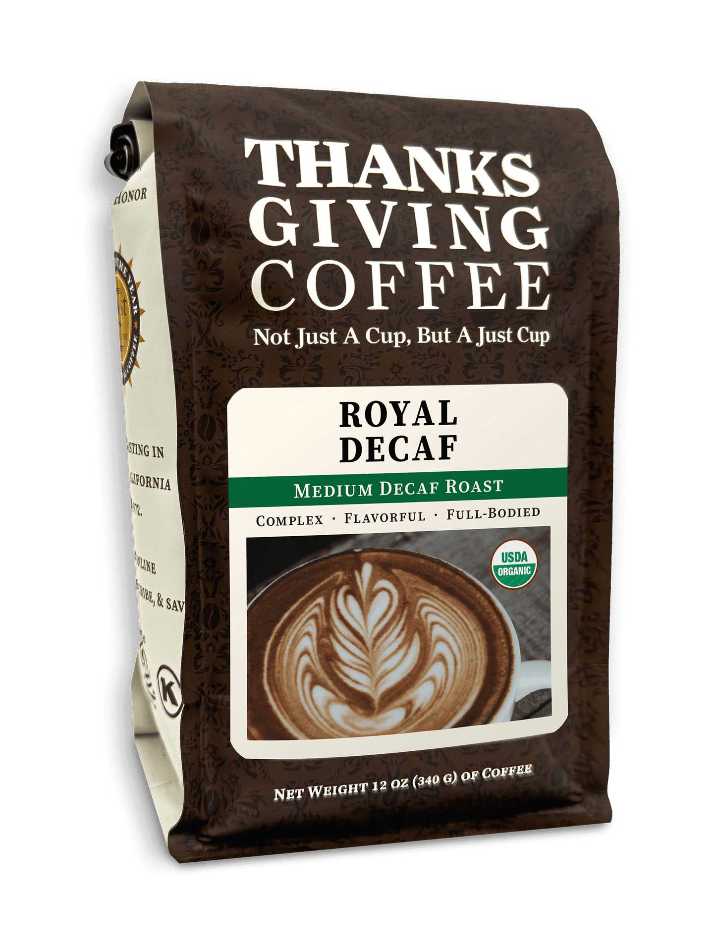 Decaf medium roast coffee pack from Thanksgiving Coffee Company labeled Royal Decaf, featuring a dark roasted coffee bag.