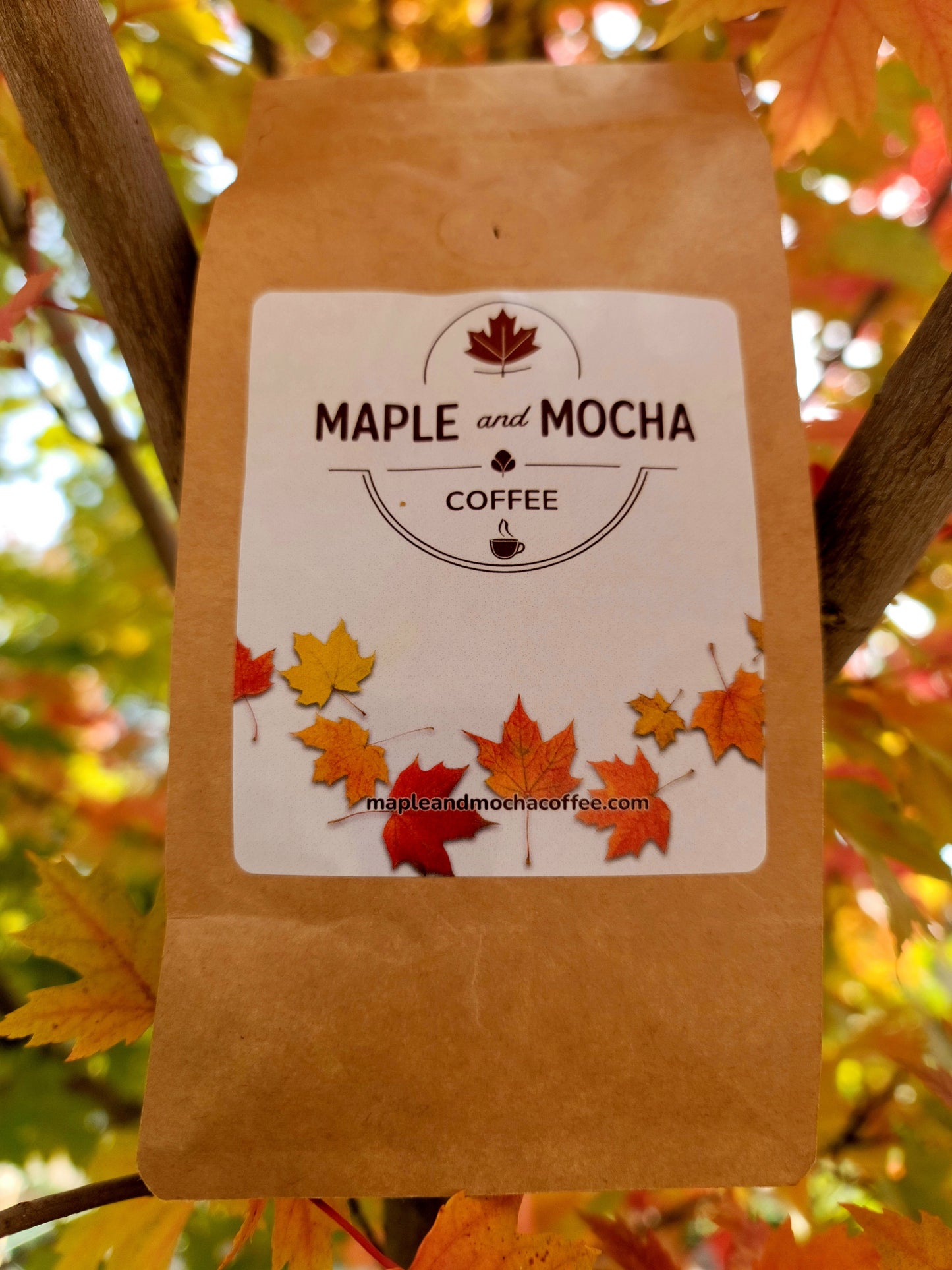 Maple and Mocha Coffee Natural Organic Mexico Altura Tollan coffee bag with label, showcasing rich coffee branding and packaging details.