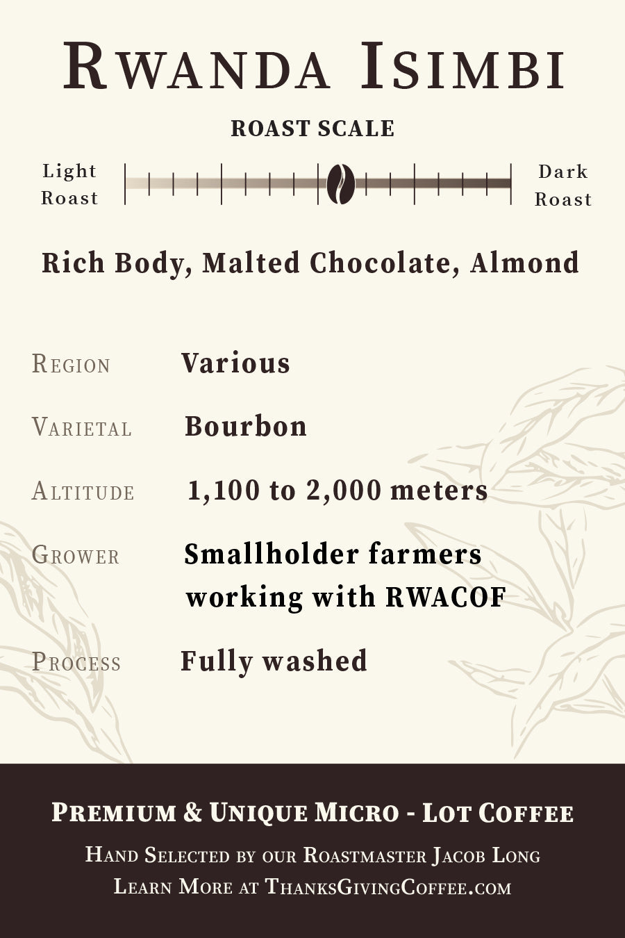 Light roast Rwanda Isimbi coffee beans from Thanksgiving Coffee Company with back label details.