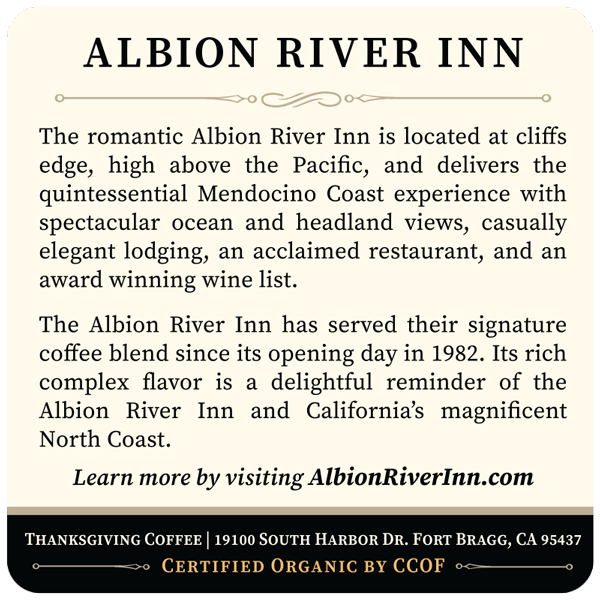 Back label of Thanksgiving Coffee Company's Albion River Inn Blend dark roast coffee bag, featuring detailed product information.