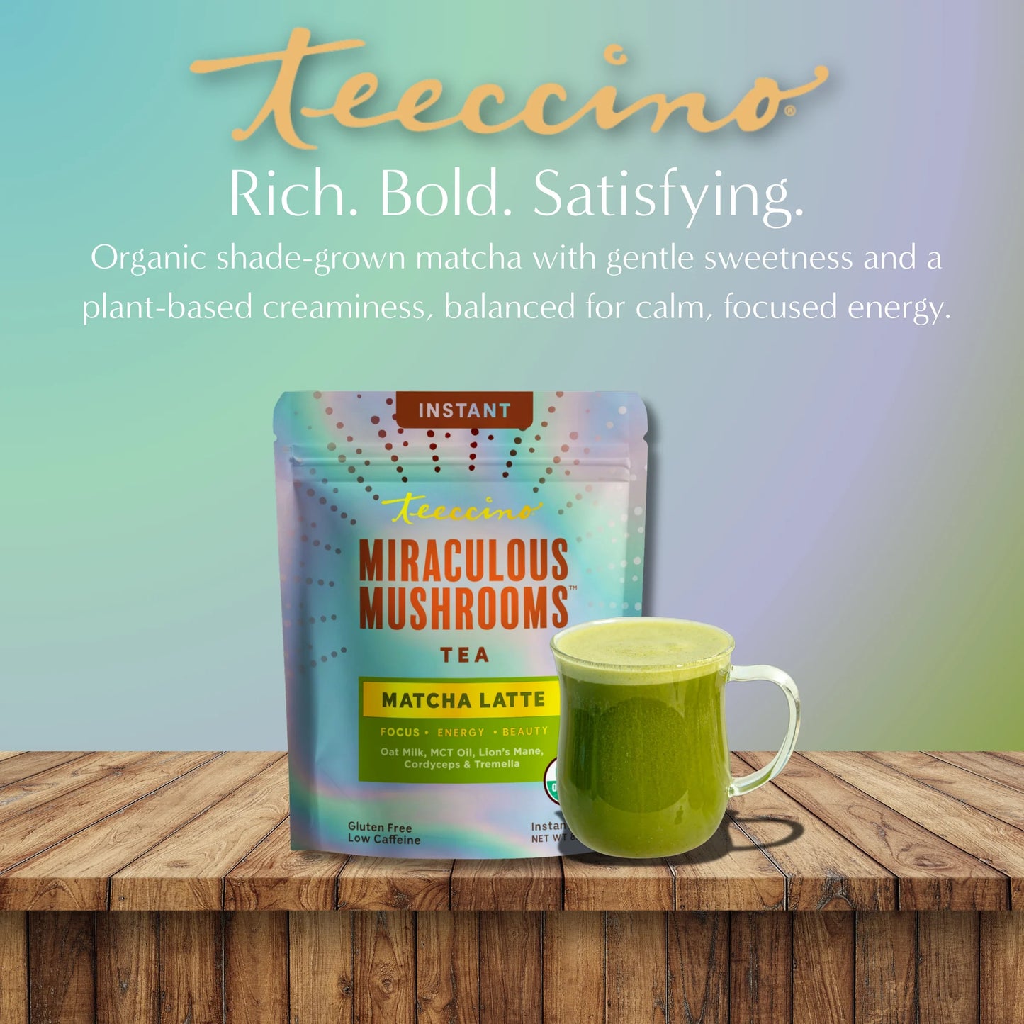 Teeccino Miraculous Mushrooms Matcha Latte instant latte in a cup with frothy green matcha and mushroom flavor details visible.