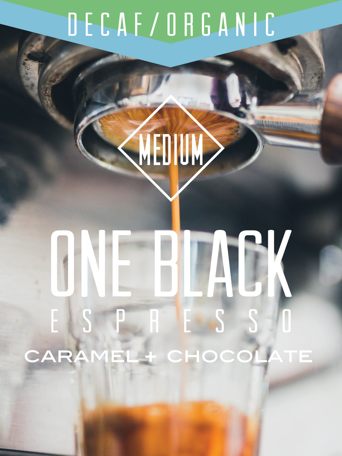 Decaf Organic One Black espresso coffee by Centri Coffee, showing a brewed cup with rich dark espresso and a crema layer.