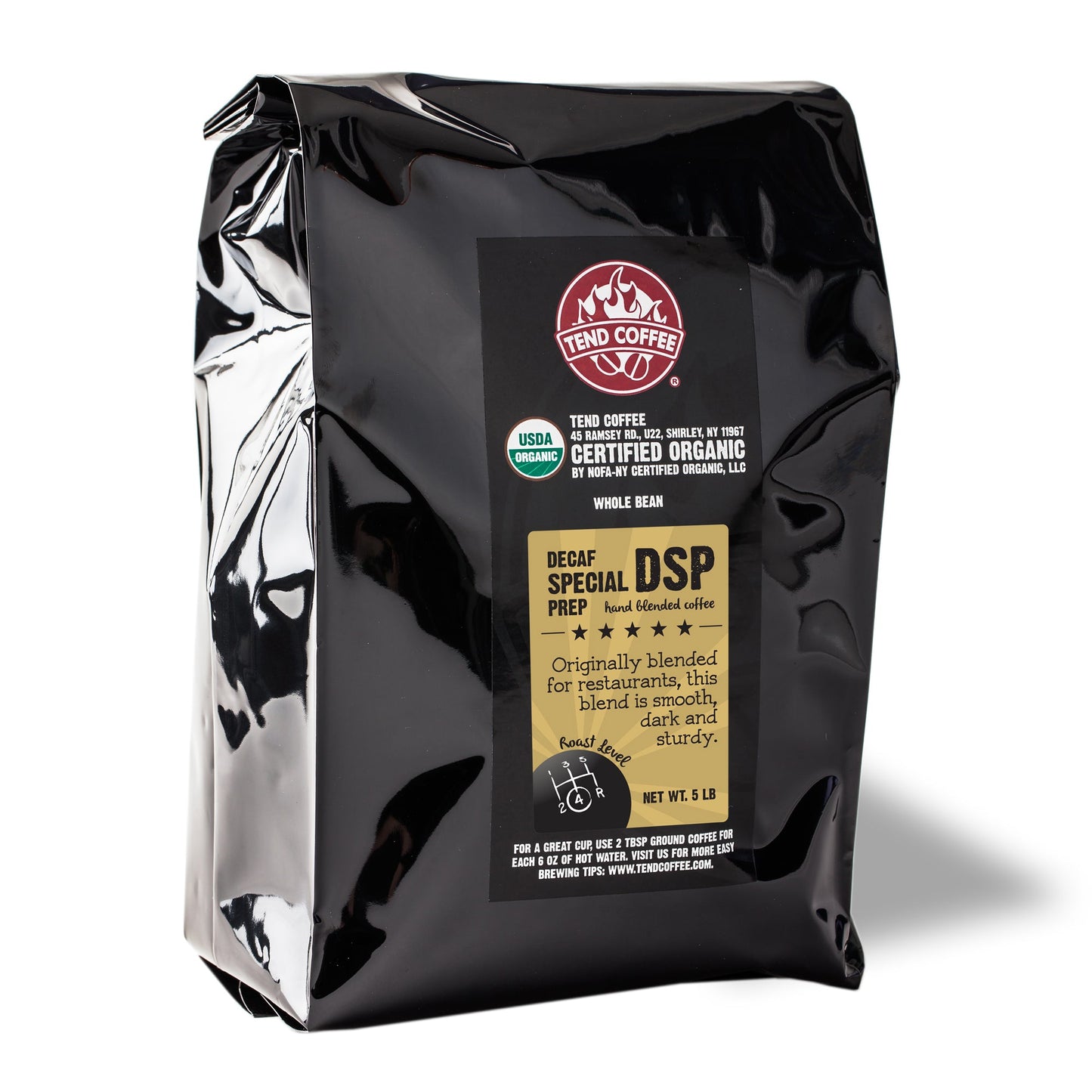 Organic Tend Coffee Decaf Special Prep Blend in 5lb bag, smooth and rich decaffeinated coffee beans.