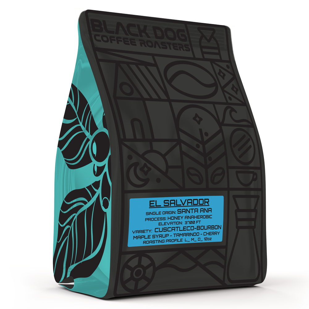 Whole SIVARLAND-EL SALVADOR coffee beans from Black Dog Coffee Roasters displayed in a clear bag.