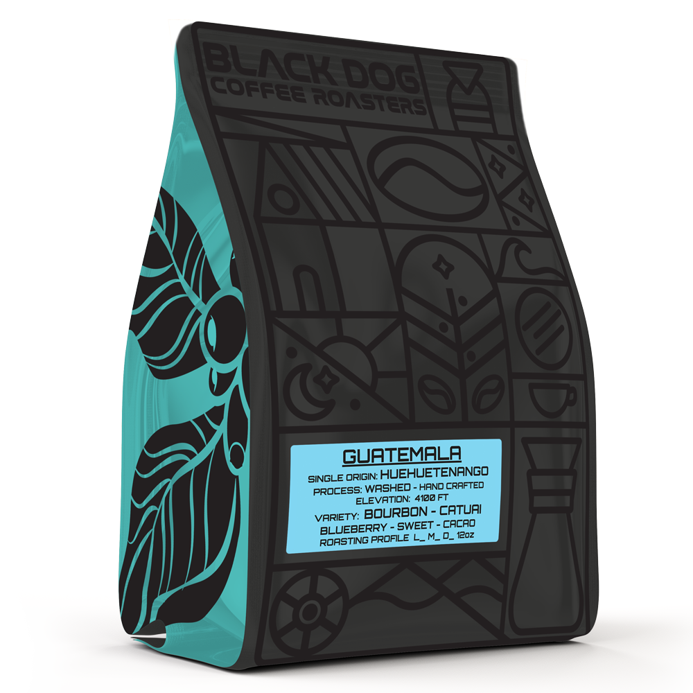 Black Dog Coffee Roasters Guatemala coffee bean bag with colorful Guatemala.png label, showcasing rich, roasted coffee beans.