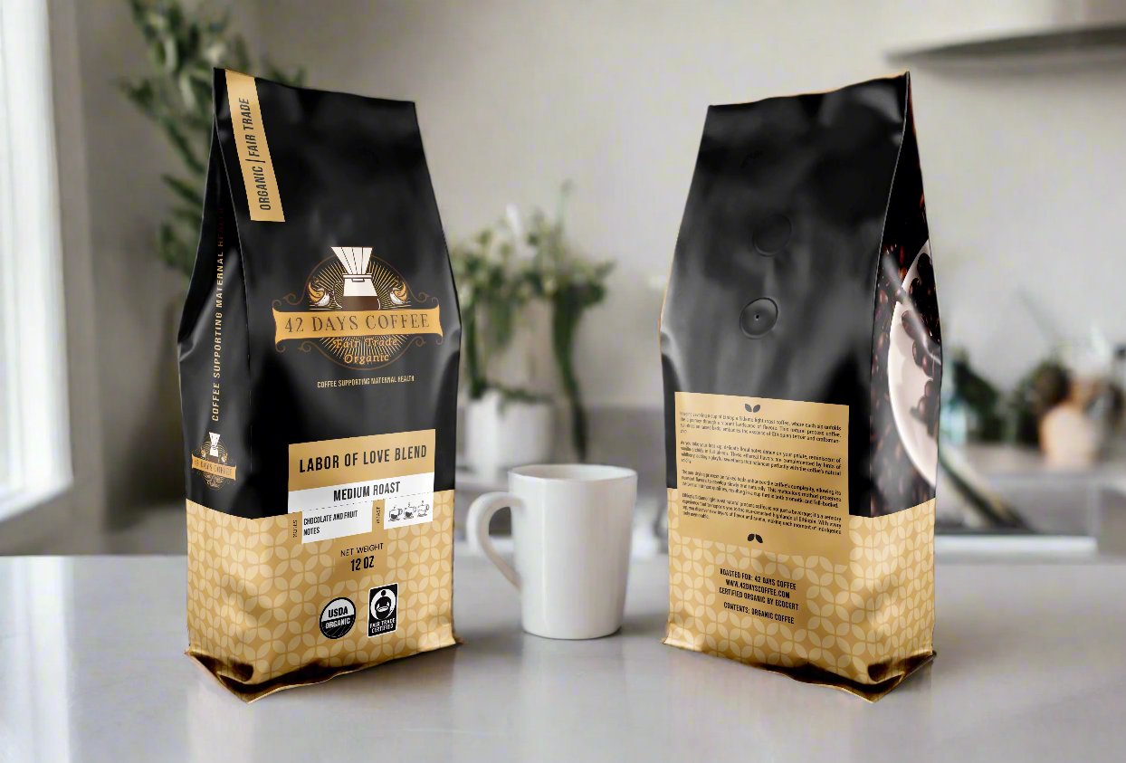 Front and back view of 42 Days Coffee Labor of Love Blend organic light roast coffee bag.