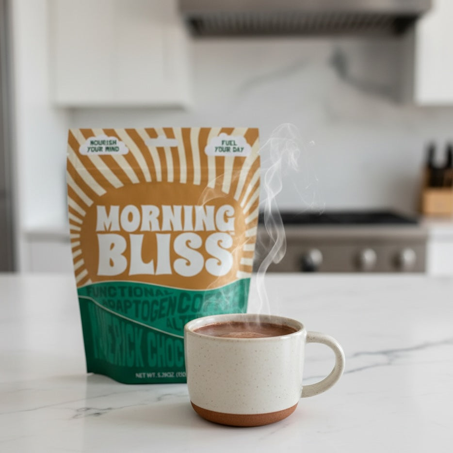 Morning Bliss functional adaptogen coffee alternative drink by MaverickChocolate, featuring a steaming cup with herbal ingredients.