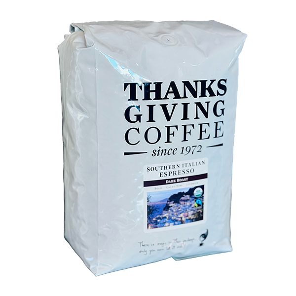 5lb bag of Thanksgiving Coffee Company Southern Italian Style Espresso FTO dark roast coffee beans.