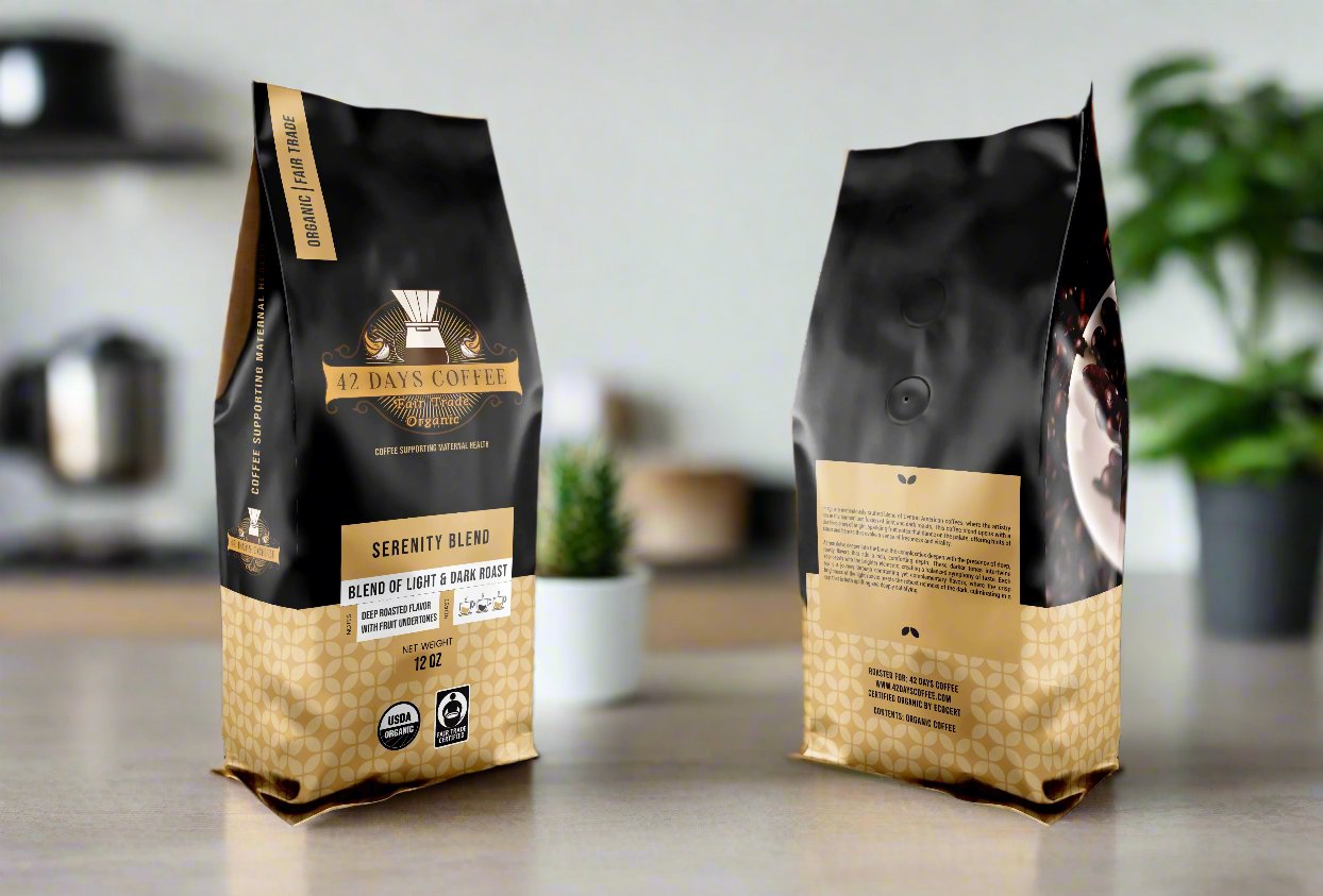 Front and back view of 42 Days Coffee Serenity Blend organic light and dark roast coffee bag with label details.