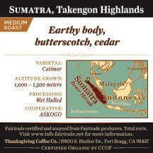 Sumatra medium roast coffee bag from Takengon Highlands by Thanksgiving Coffee Company, with a 3x3 label on the back.