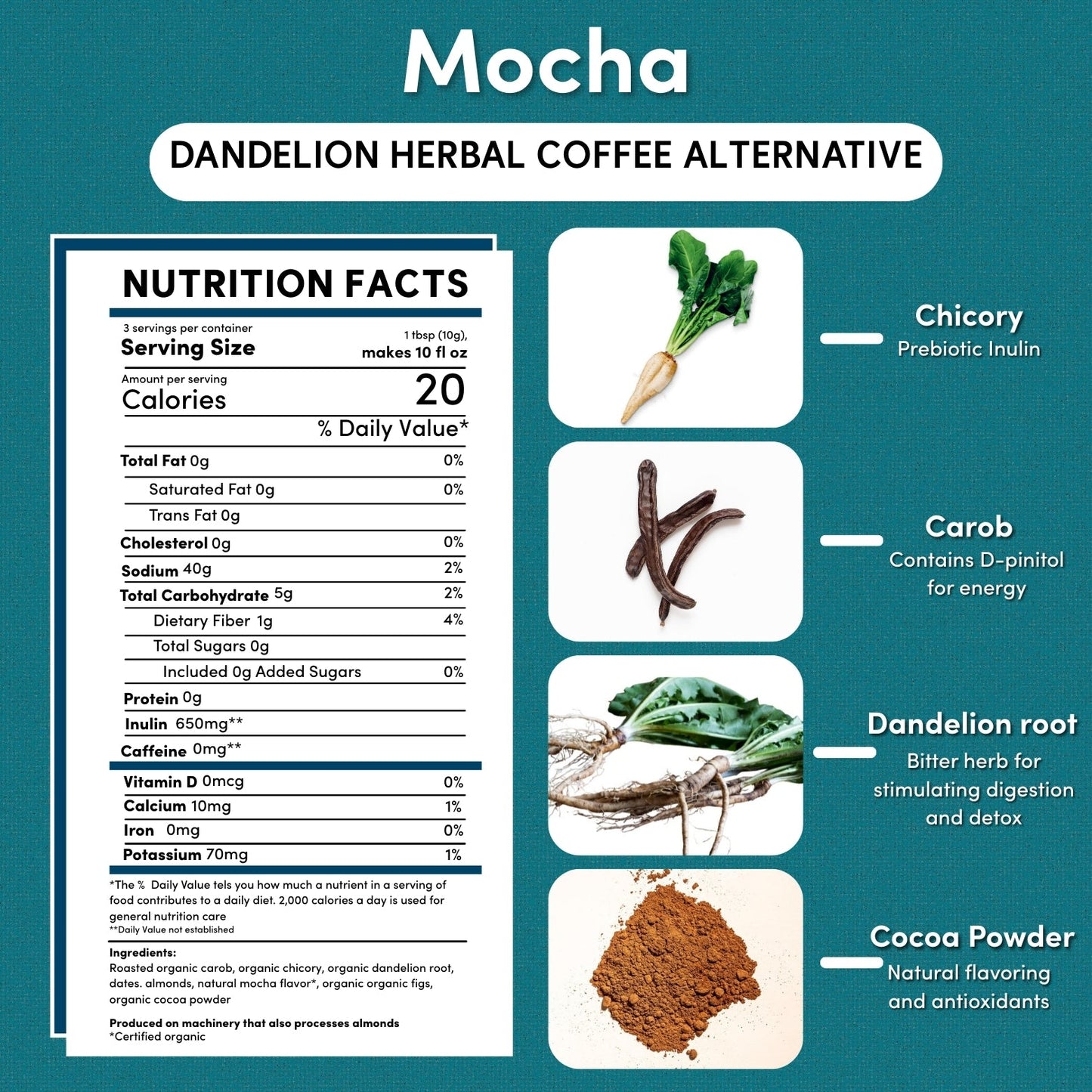 Trial size of Teeccino Dandelion Mocha Herbal Coffee in a small package, showing the herbal coffee blend with coffee beans and Dandelion roots.
