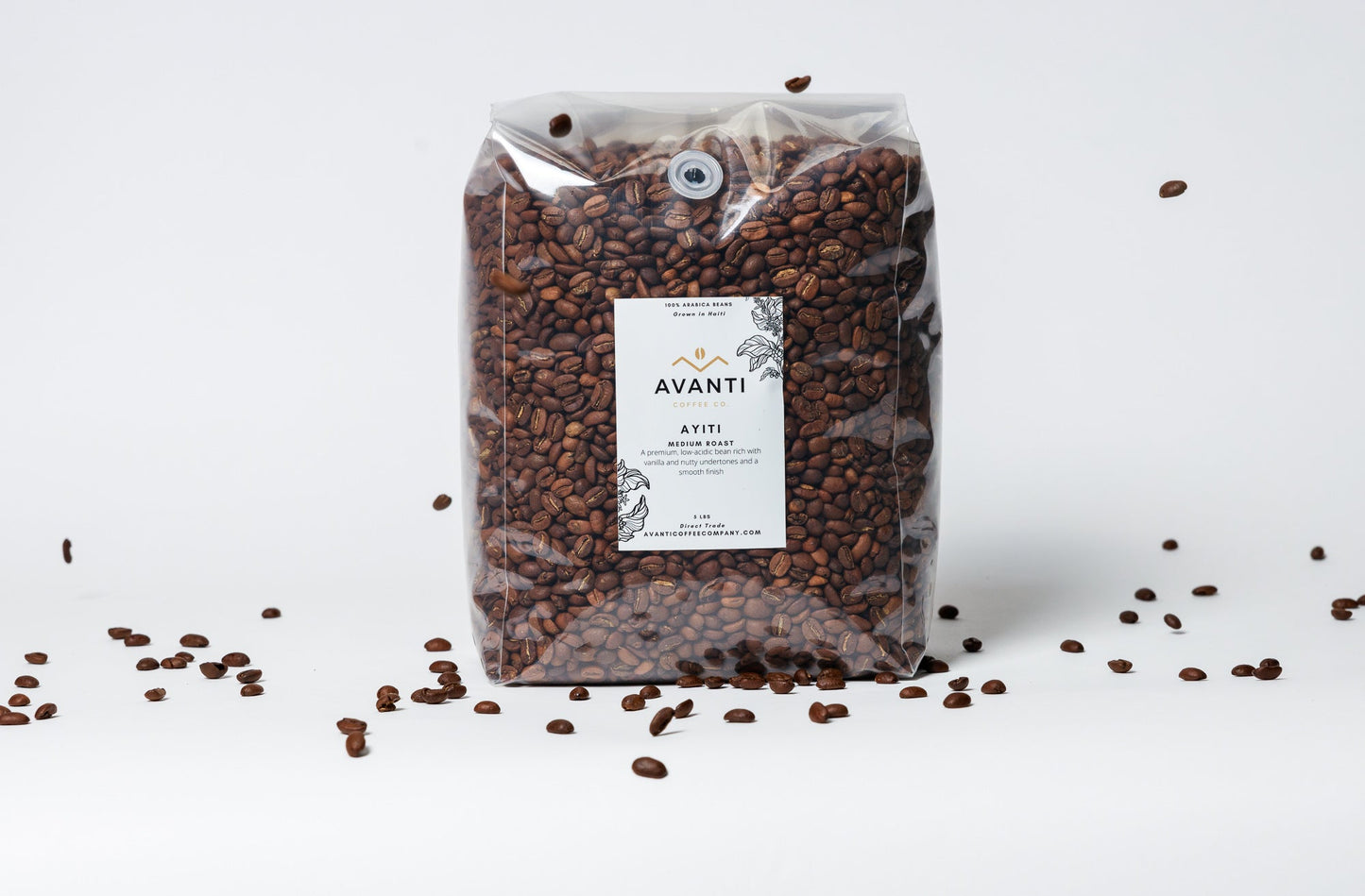 Medium roast coffee bag from Avanti Coffee Company, showing the packaging with the Ayiti Coffee label and branding.