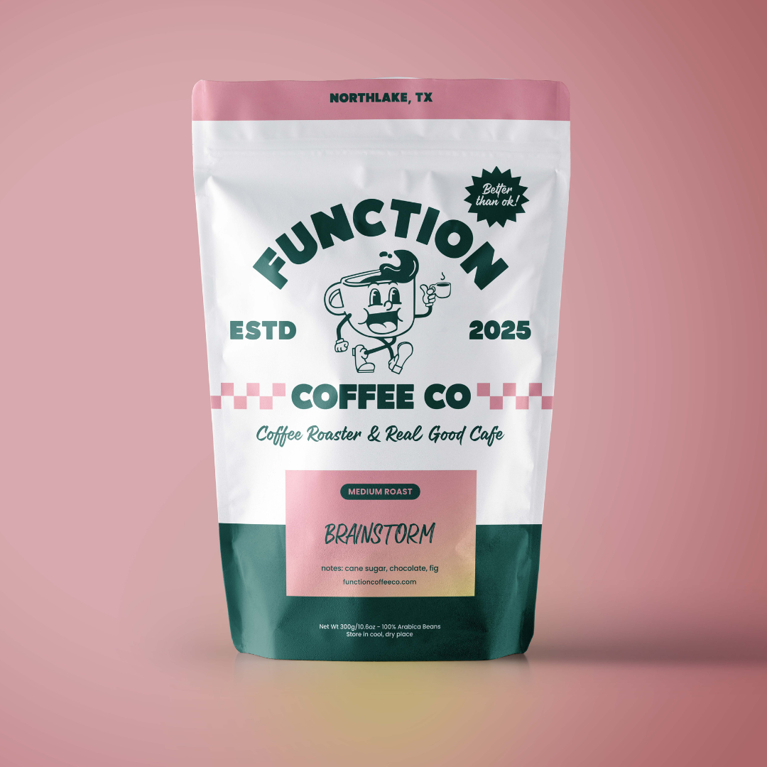Medium roast Brainstorm coffee beans from Function Coffee Co, showcasing whole coffee beans in a natural, appealing arrangement.