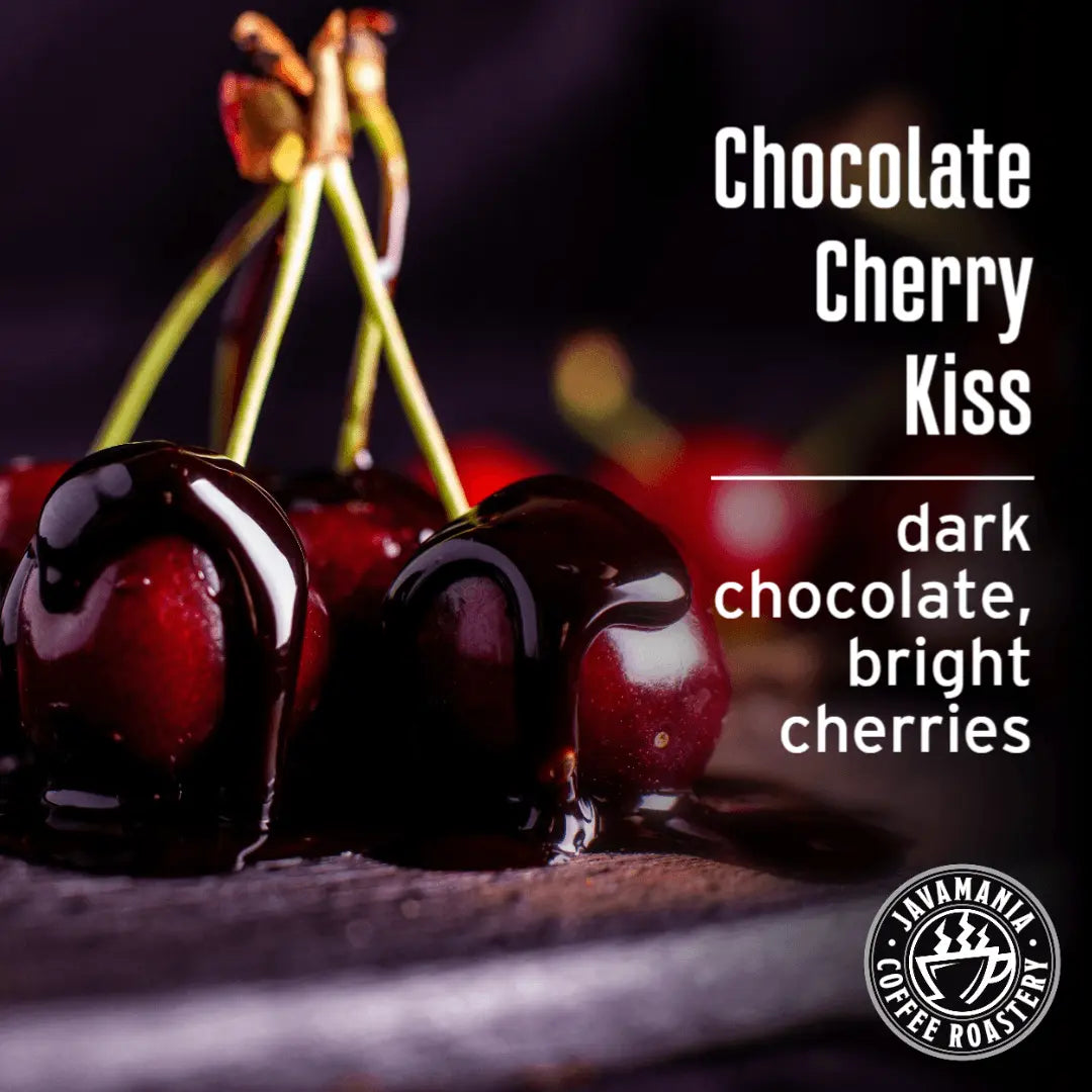 JavaMania Chocolate Cherry Kiss flavored coffee cup with rich chocolate and cherry aroma.