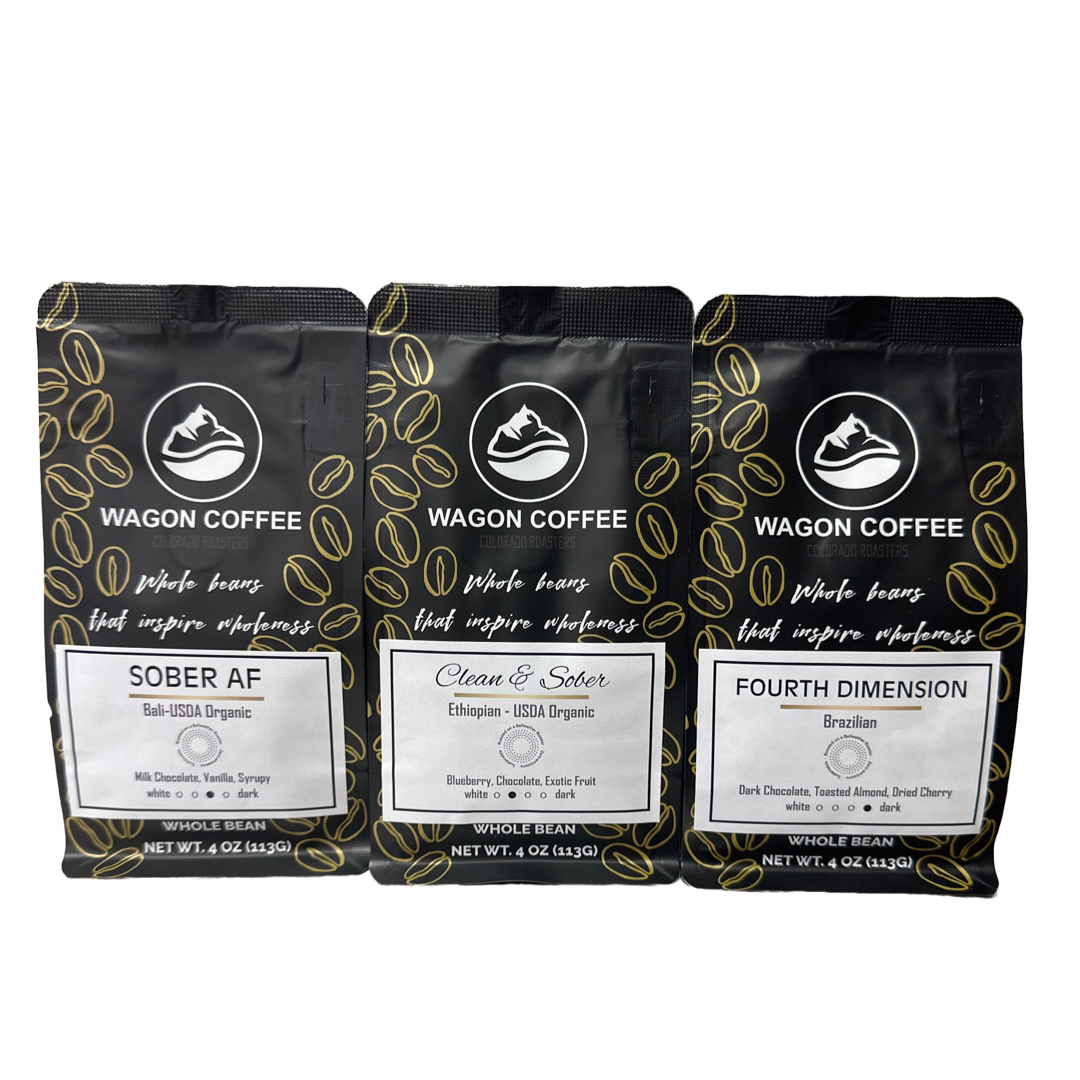 Wagon Coffee Sobriety Anniversary Box with decorative packaging and coffee accessories for celebrating sobriety milestones.