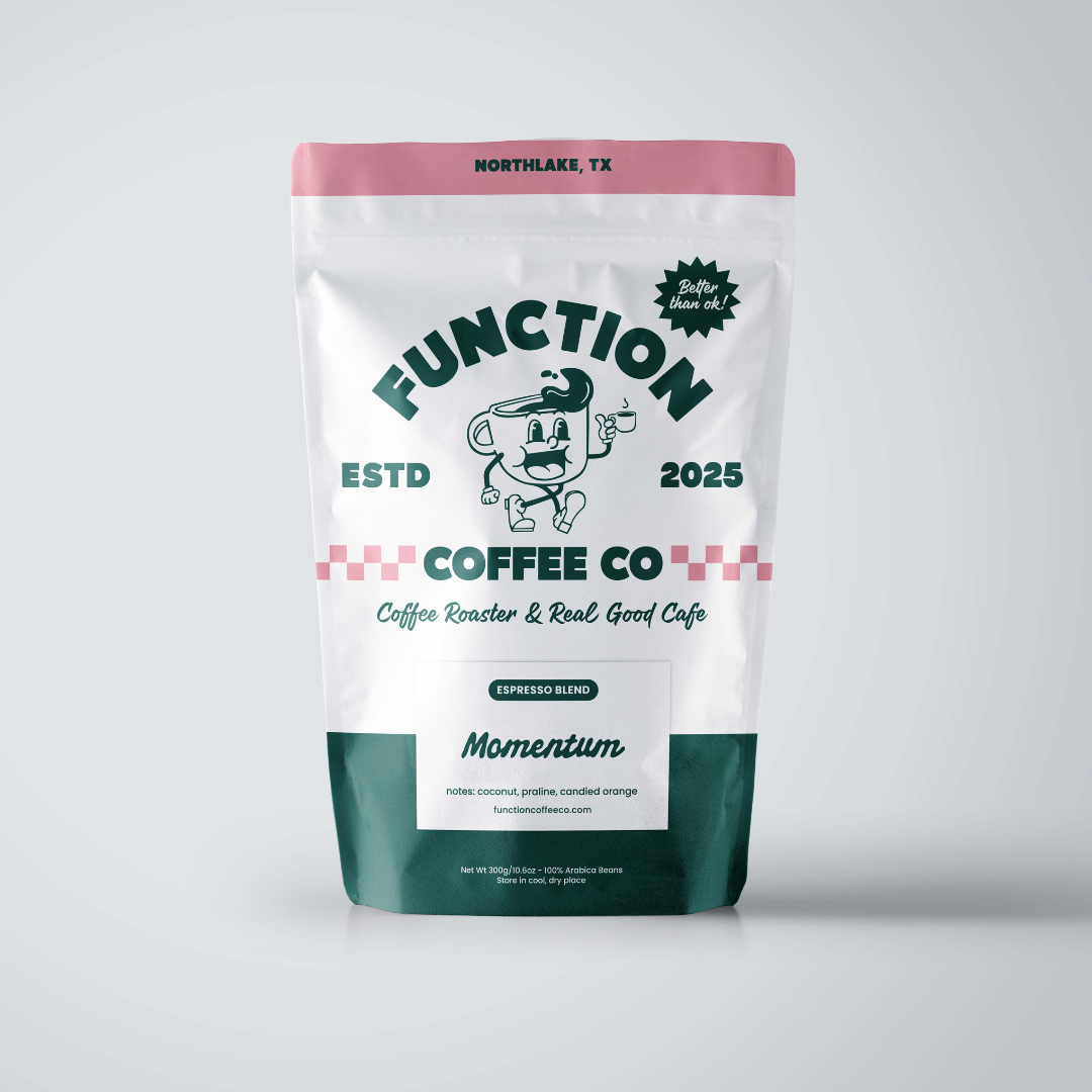 A bag of Function Coffee Co's Espresso Blend Momentum coffee beans and ground coffee, showcasing the product packaging.