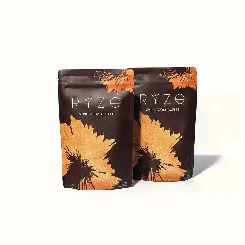 RYZE Mushroom Coffee by Nutragole with adaptogenic mushrooms, organic instant coffee, MCT oil for energy, focus, digestion, immunity.