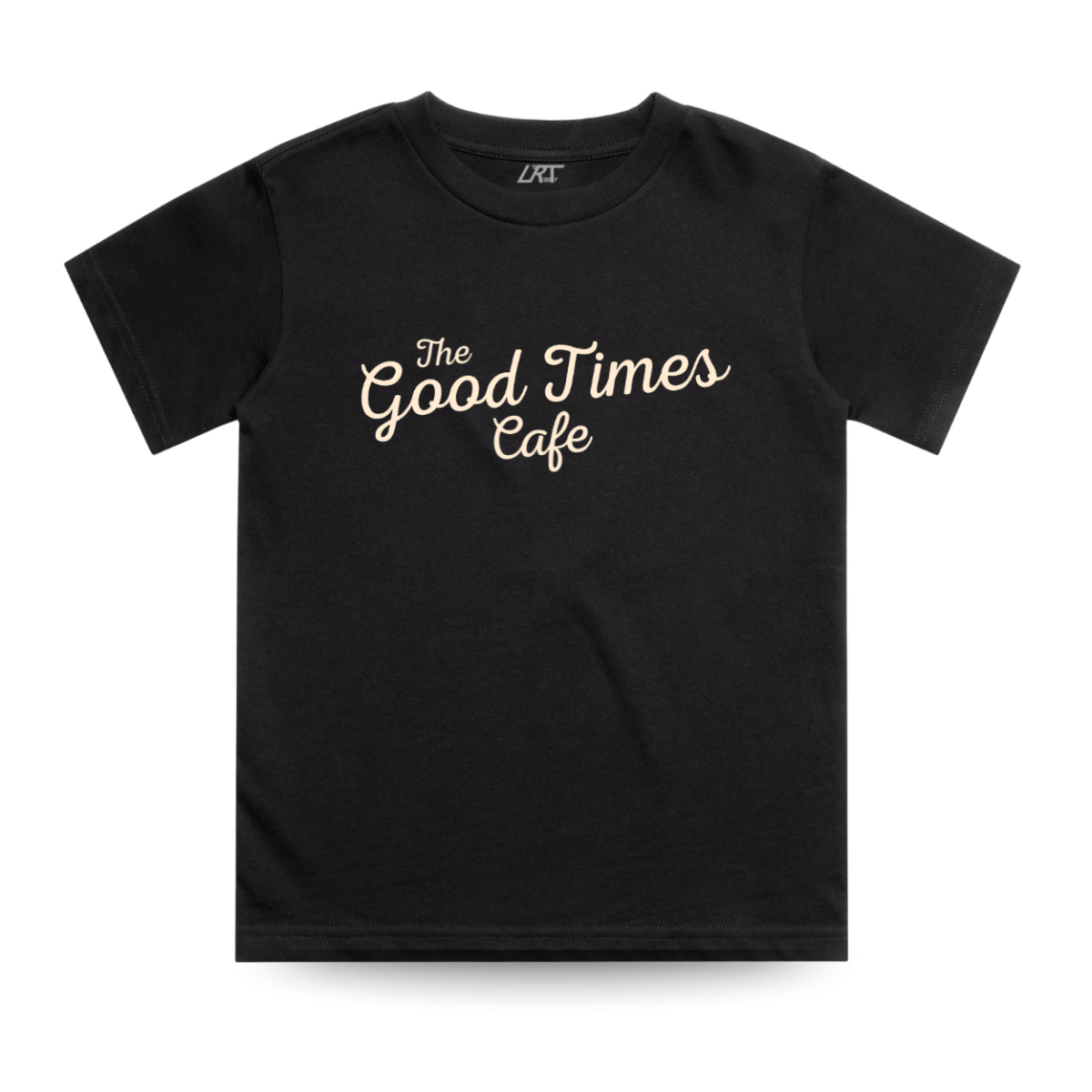 Black baby and toddler tee from LITTLE RAD THINGS featuring The Good Times Cafe design, casual and comfortable for little ones.