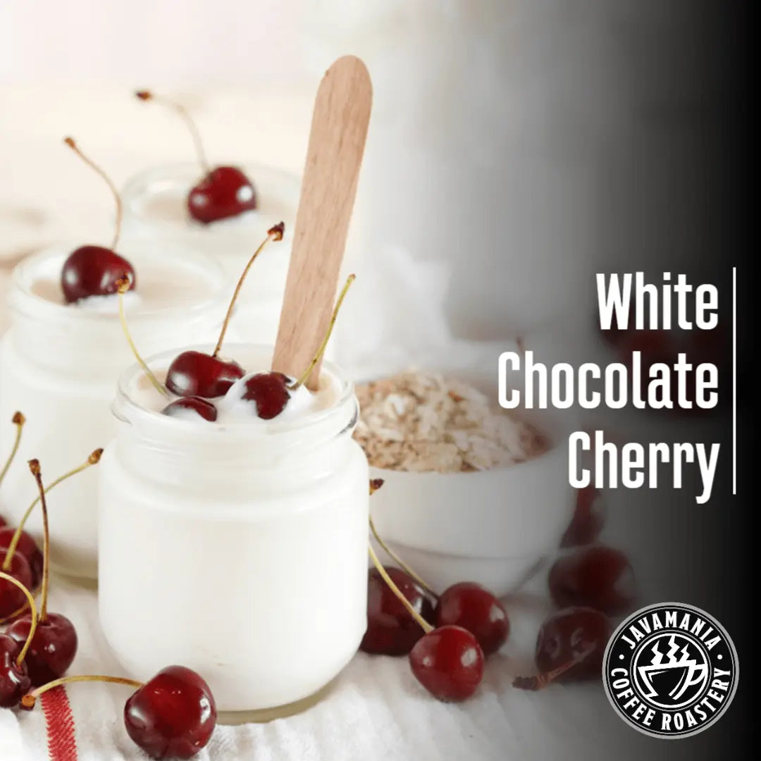 JavaMania White Chocolate Cherry flavored coffee in a brewing cup, showcasing creamy white chocolate and cherry flavor infusion.