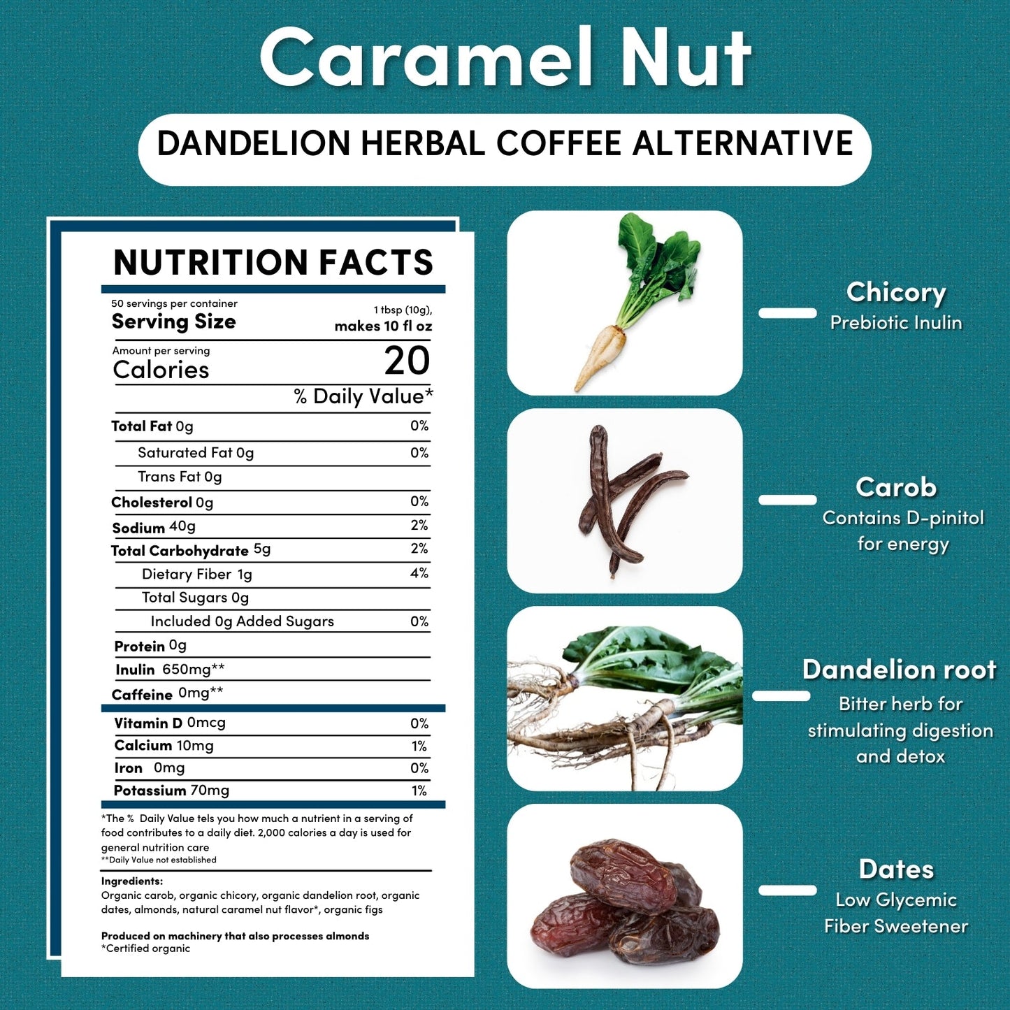 Teeccino Dandelion Caramel Nut Herbal Coffee in a 1.1-pound package, featuring a rich caramel and nut flavor profile.