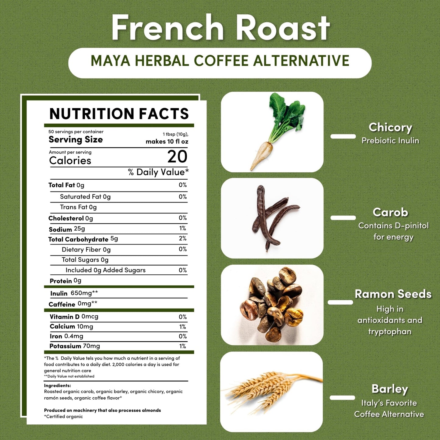Teeccino French Roast Chicory Herbal Coffee in 1.1-pound bag, dark roasted herbal coffee with rich flavor and aromatic surface.