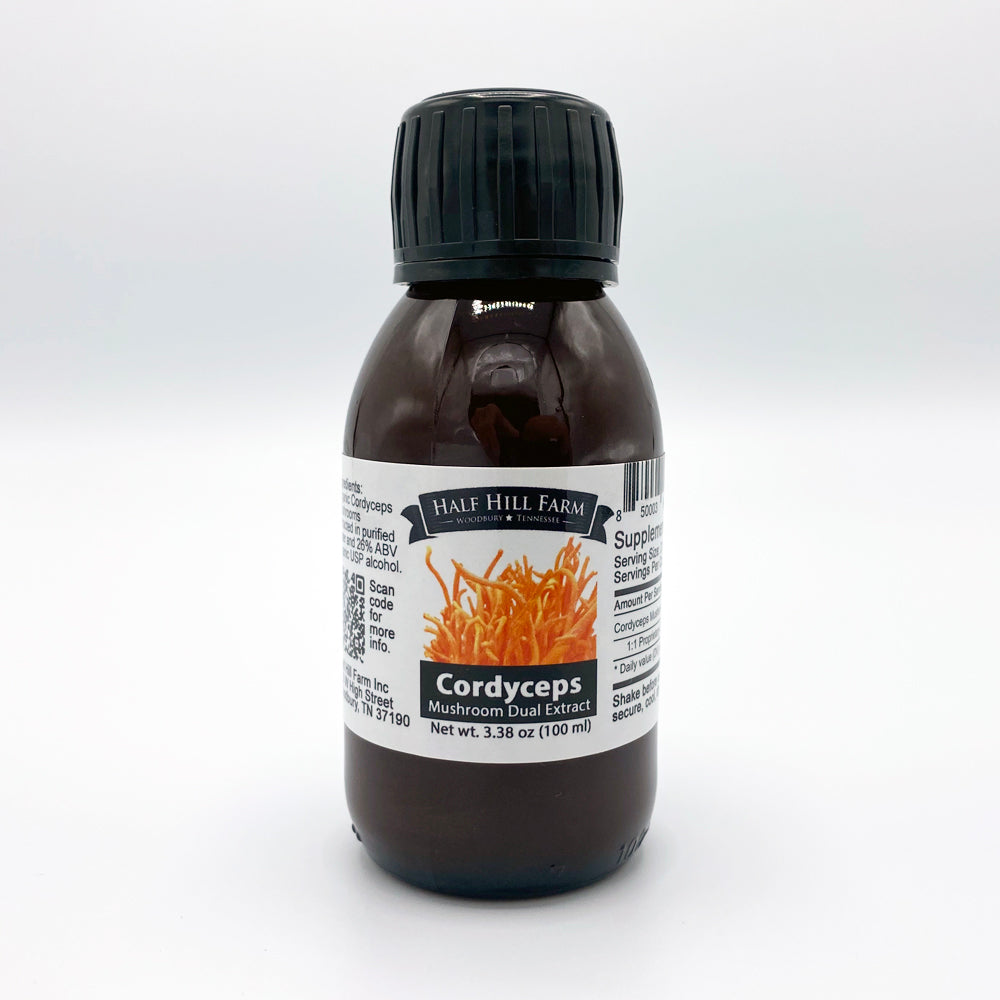 Cordyceps Mushroom dual extract in a 100ml bottle from Half Hill Farm, showcasing herbal mushroom supplement for wellness.