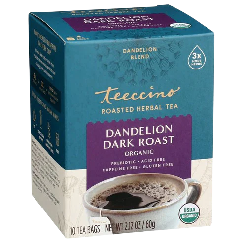 10-pack of Teeccino Dandelion Dark Roast Herbal Tea bags, featuring dark roasted herbal tea with dandelion roots in a natural packaging.