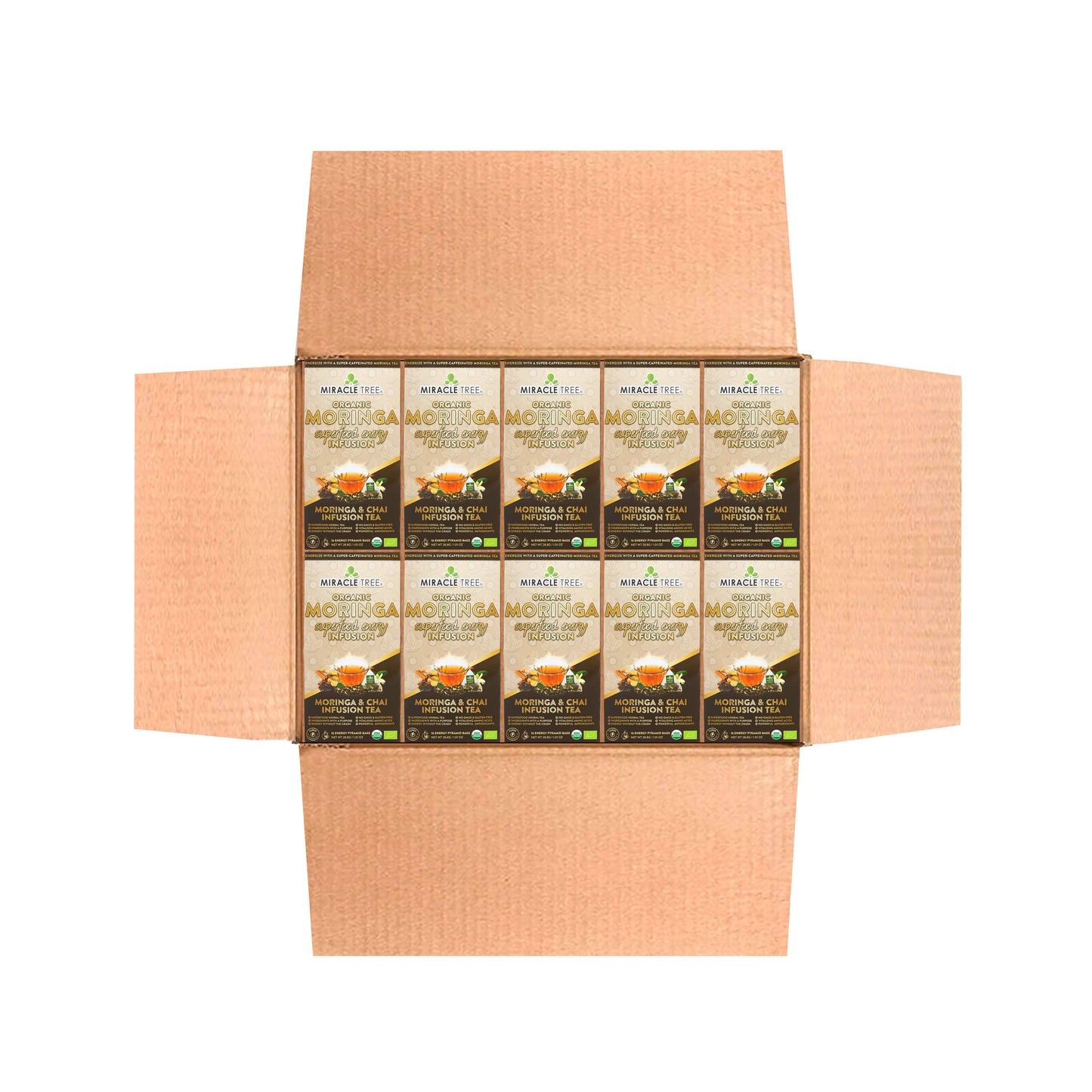 Organic Moringa Energy Tea by Miracle Tree featuring chai spice flavor, natural coffee alternative with fresh tea leaves and aromatic spices.