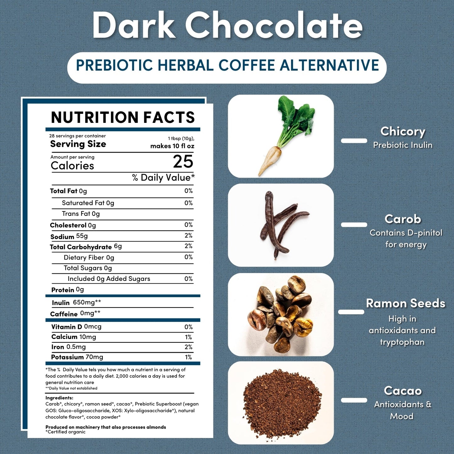 10-ounce package of Teeccino dark chocolate herbal coffee with prebiotics, herbal coffee blend with rich dark chocolate flavor.