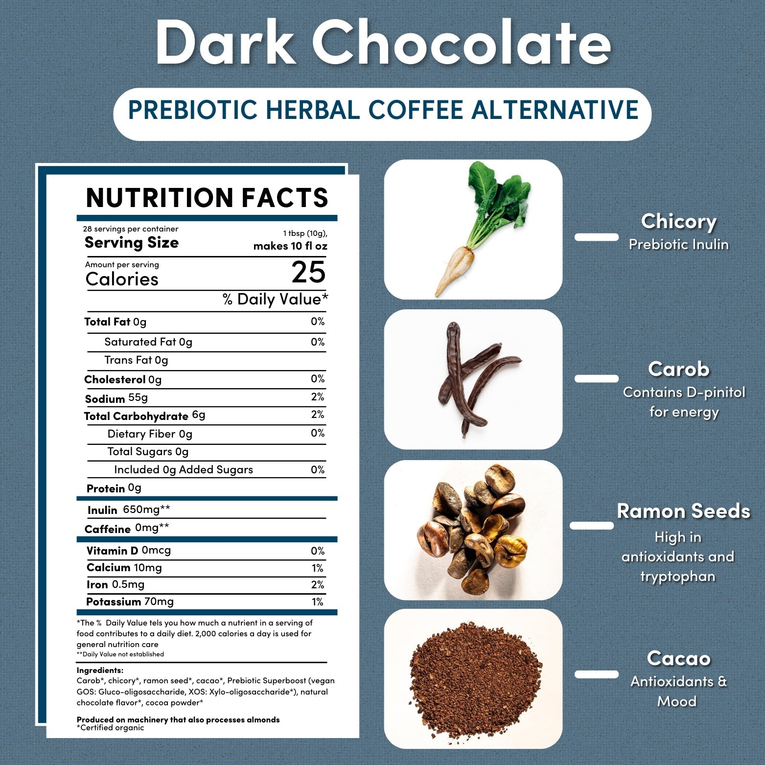 10-ounce package of Teeccino dark chocolate herbal coffee with prebiotics, herbal coffee blend with rich dark chocolate flavor.