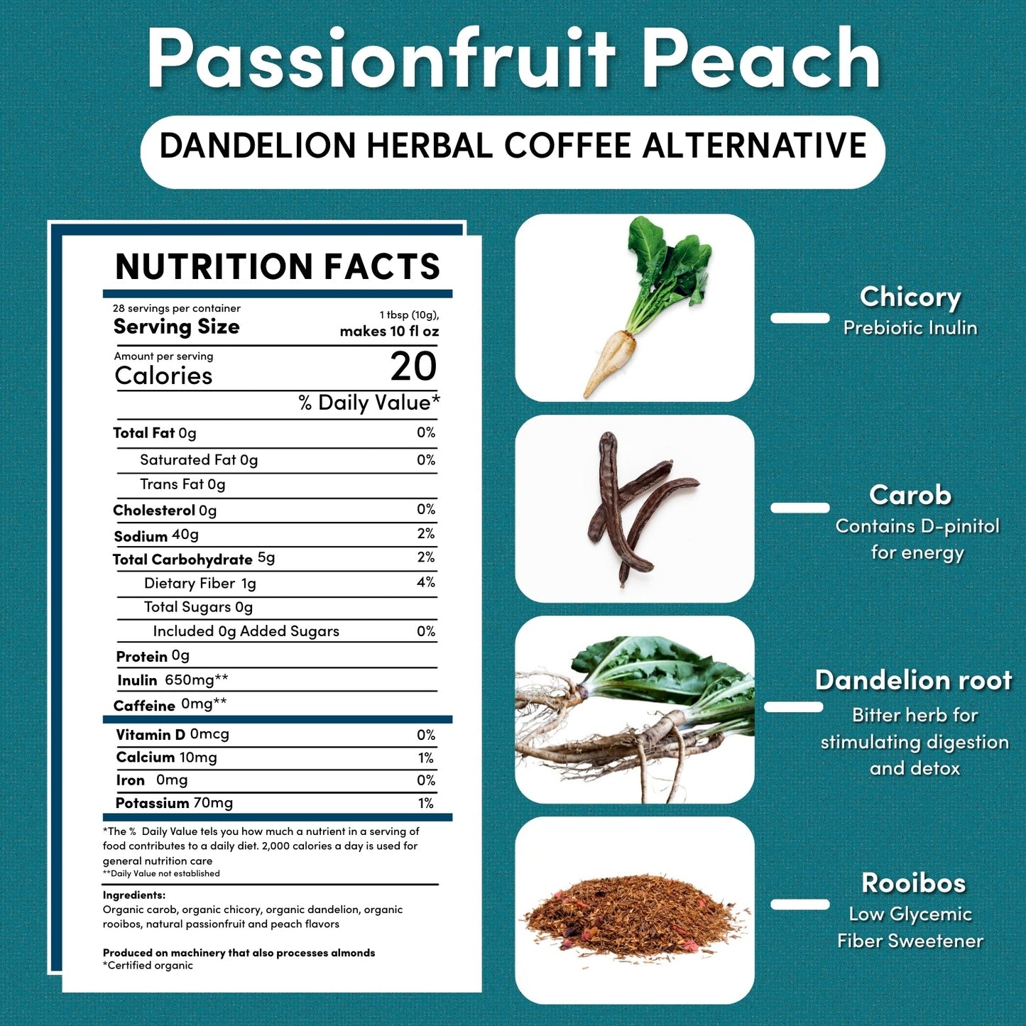10-ounce package of Teeccino Dandelion Passionfruit Peach Herbal Coffee with a vibrant label and herbal coffee blend.