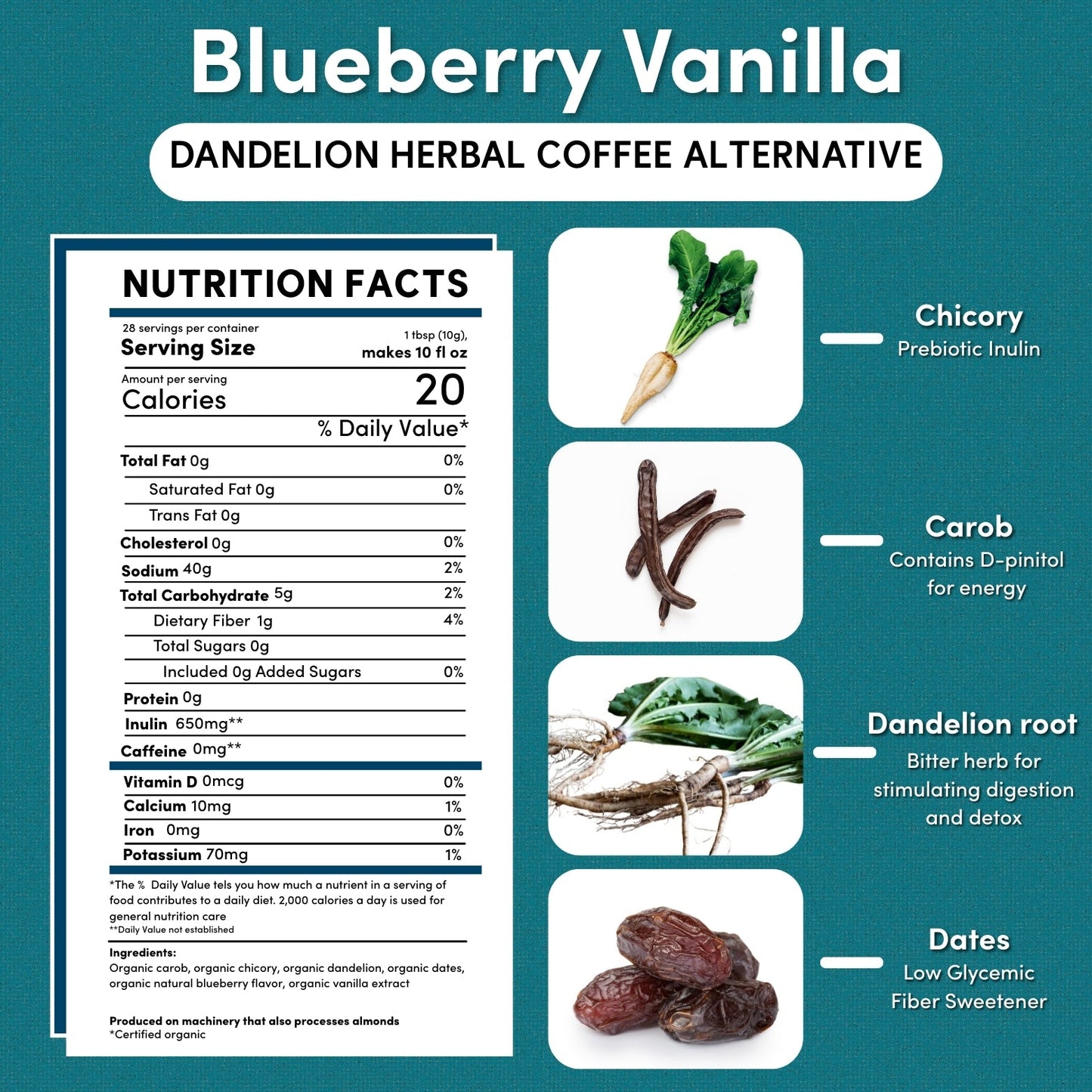 Blueberry vanilla chicory herbal coffee by Teeccino in a 10-ounce package with a label showing blueberries and vanilla flavor