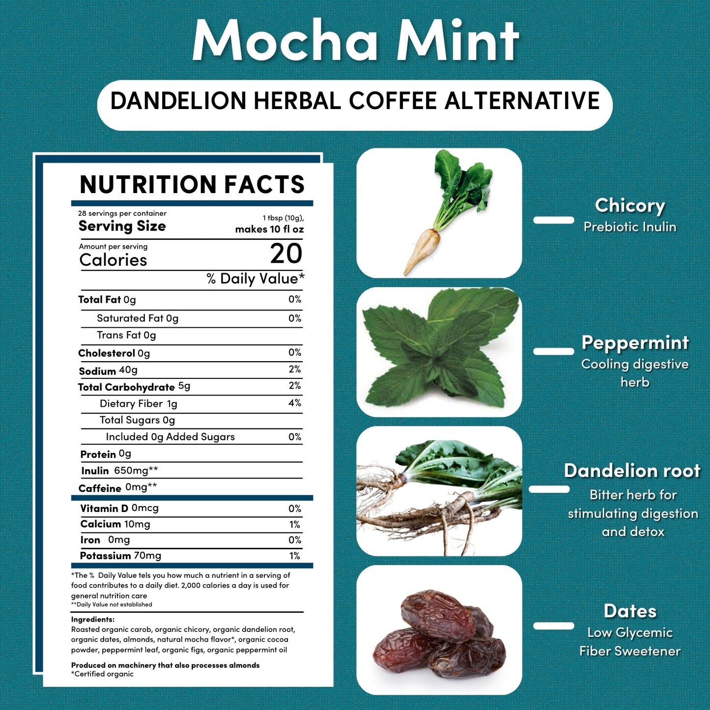 Dandelion Mocha Mint Herbal Coffee by Teeccino in a 10-ounce bag with coffee grounds and herbal blend packaging.