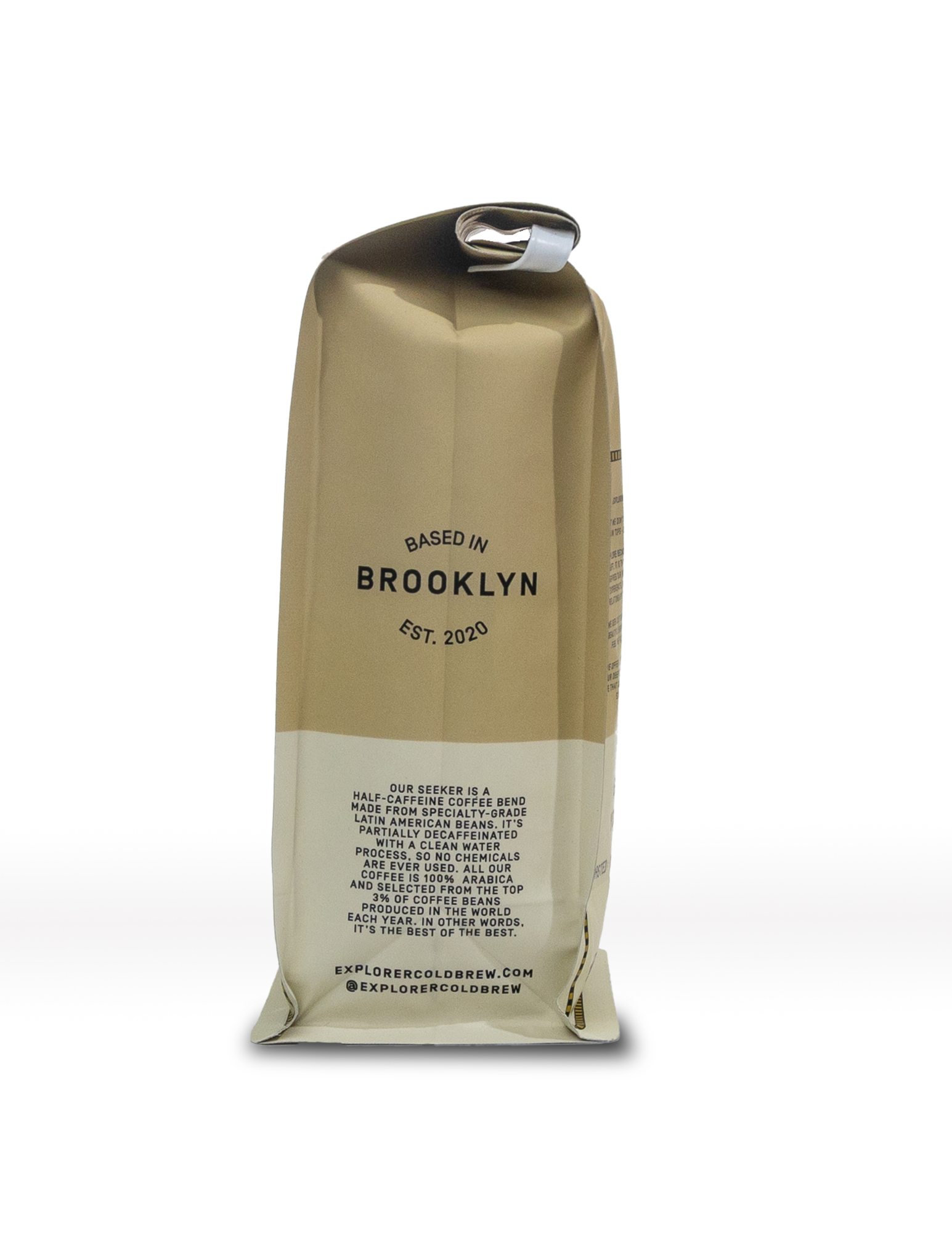 Whole bean coffee by Explorer Cold Brew, showing fresh dark roasted coffee beans in a clear view.