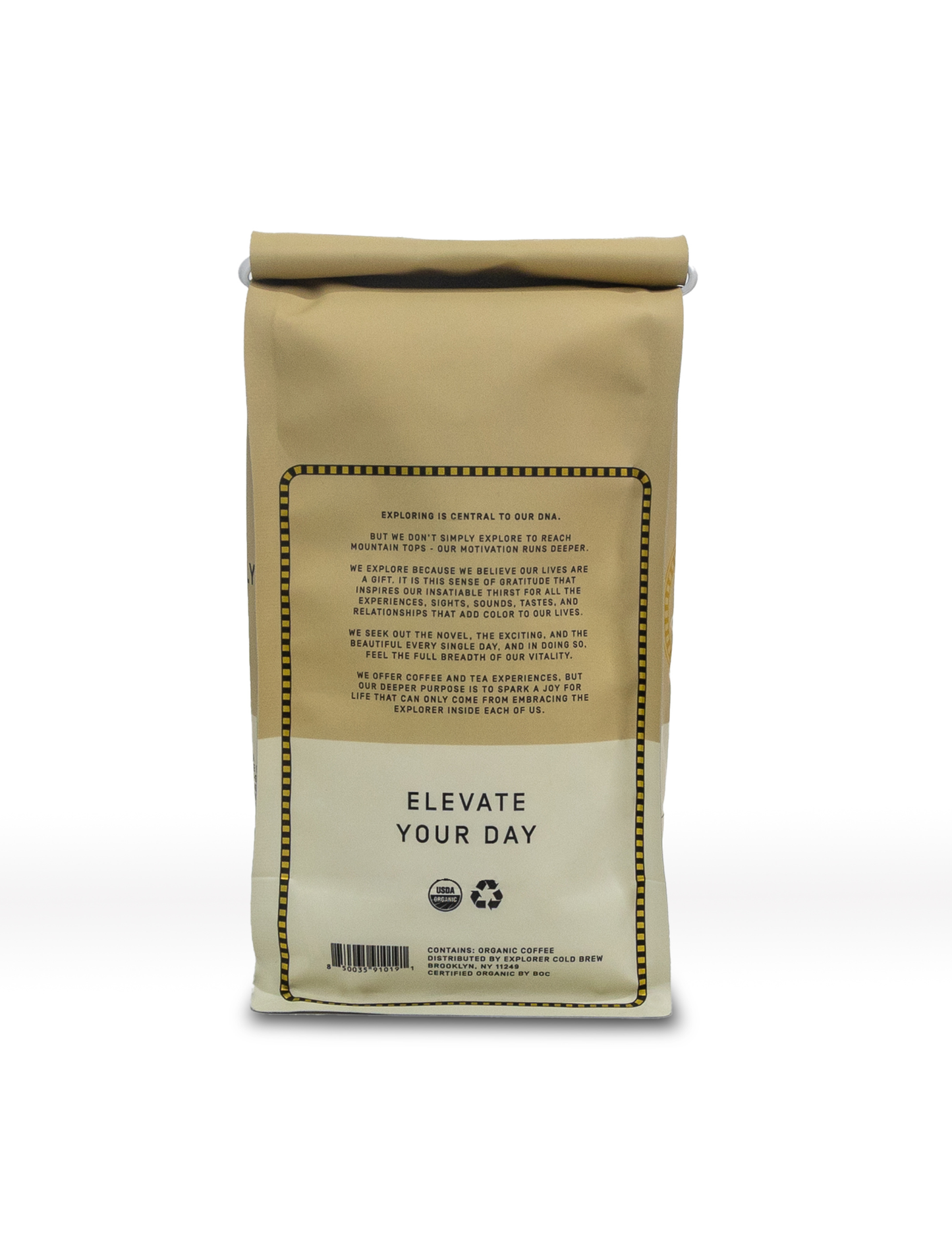 Whole bean Explorer Cold Brew coffee in a clear glass jar with a black lid, showcasing the coffee beans.