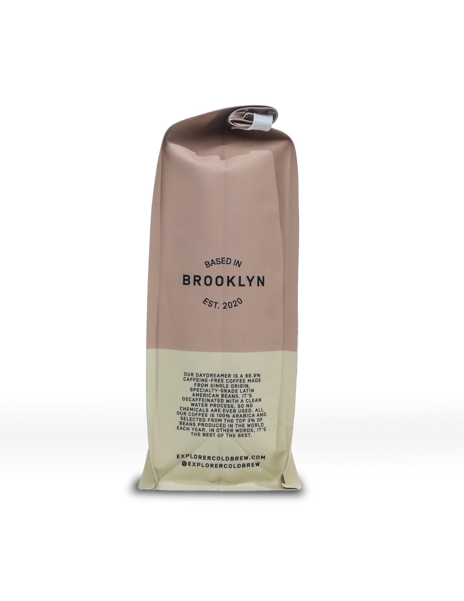 Explorer Cold Brew whole bean coffee in a bag with a clear label, ready for grinding and brewing.