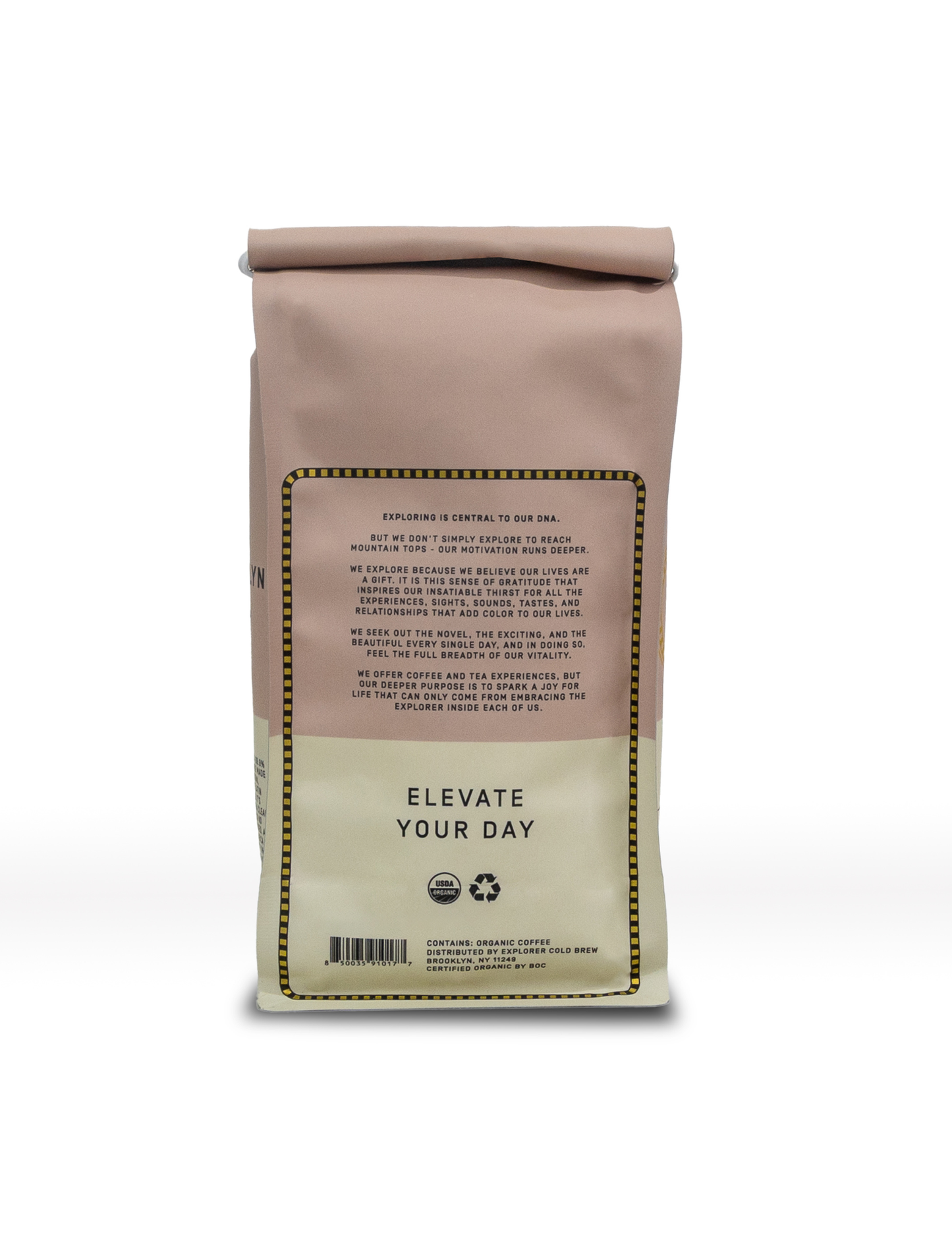 Whole bean coffee from Explorer Cold Brew, displaying a bag of premium coffee beans ready for grinding and brewing.
