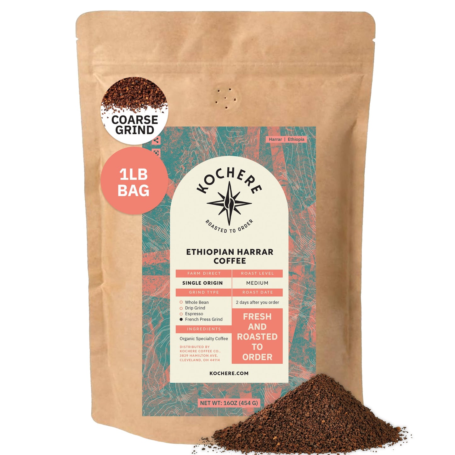 1lb bag of Kochere Coffee Co. Ethiopian Harrar natural medium roast coffee with fruity blueberry and dark chocolate notes.