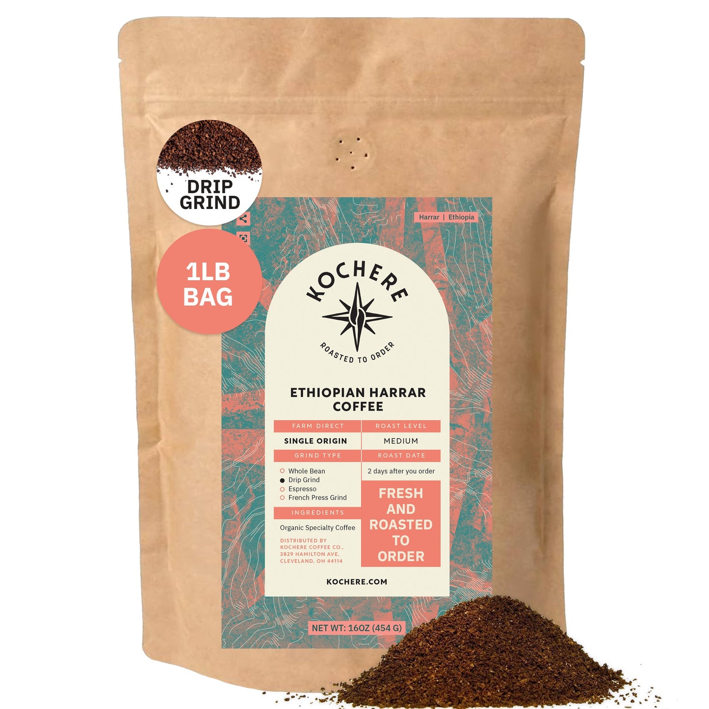 1lb bag of Kochere Coffee Co. Ethiopian Harrar Natural medium roast coffee with fruity blueberry and dark chocolate notes.