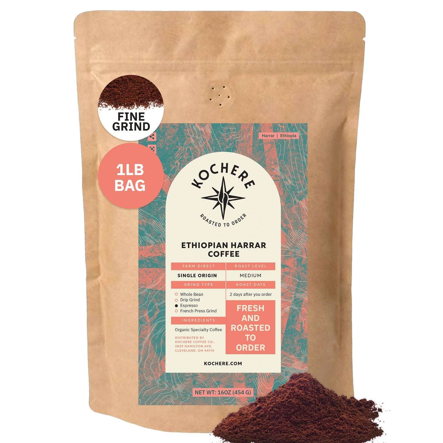 1lb bag of Kochere Coffee Co. Ethiopian Harrar Natural medium roast coffee with fruity blueberry and dark chocolate notes.