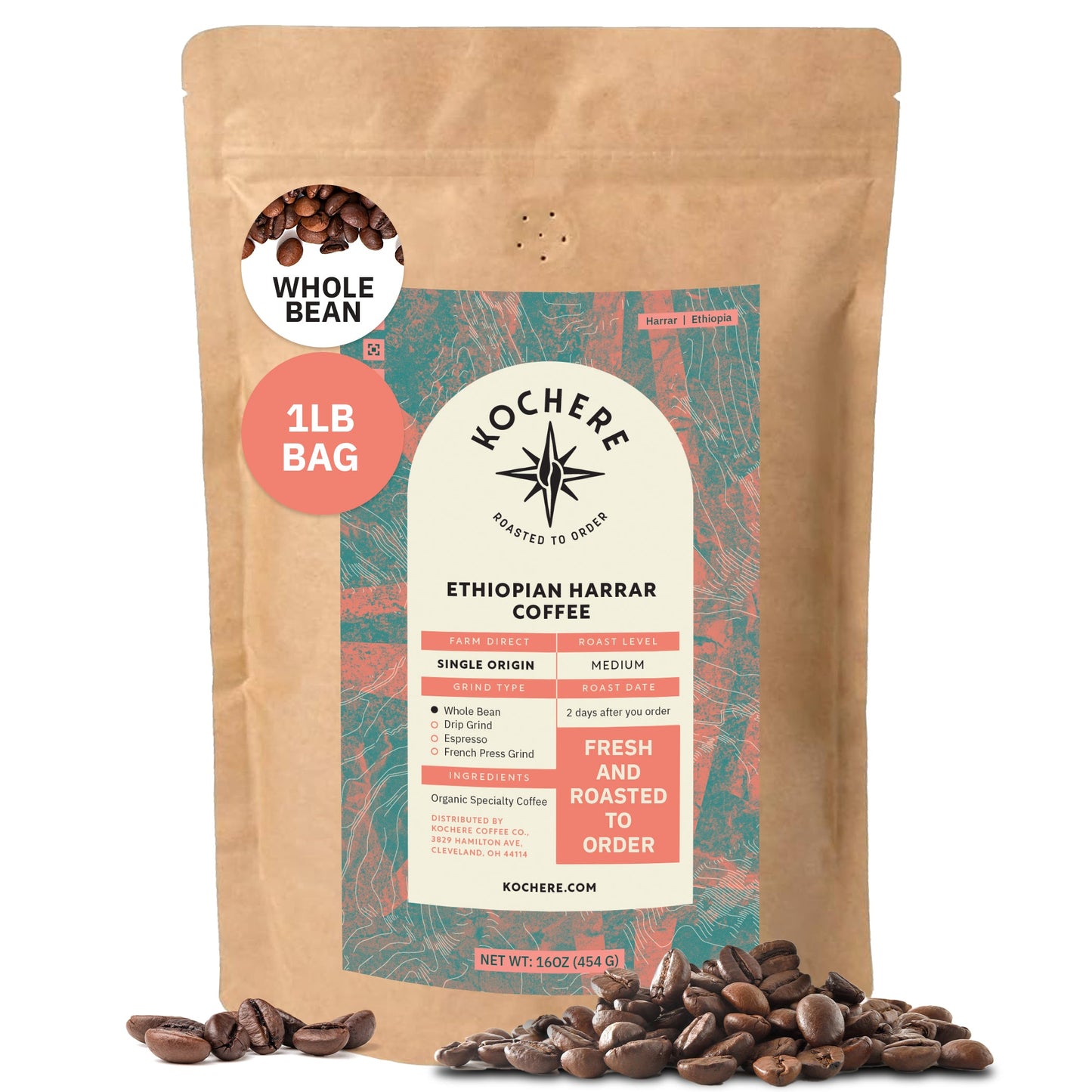 1lb bag of Kochere Coffee Co. Ethiopian Harrar Natural Medium Roast coffee with fruity blueberry and dark chocolate notes.