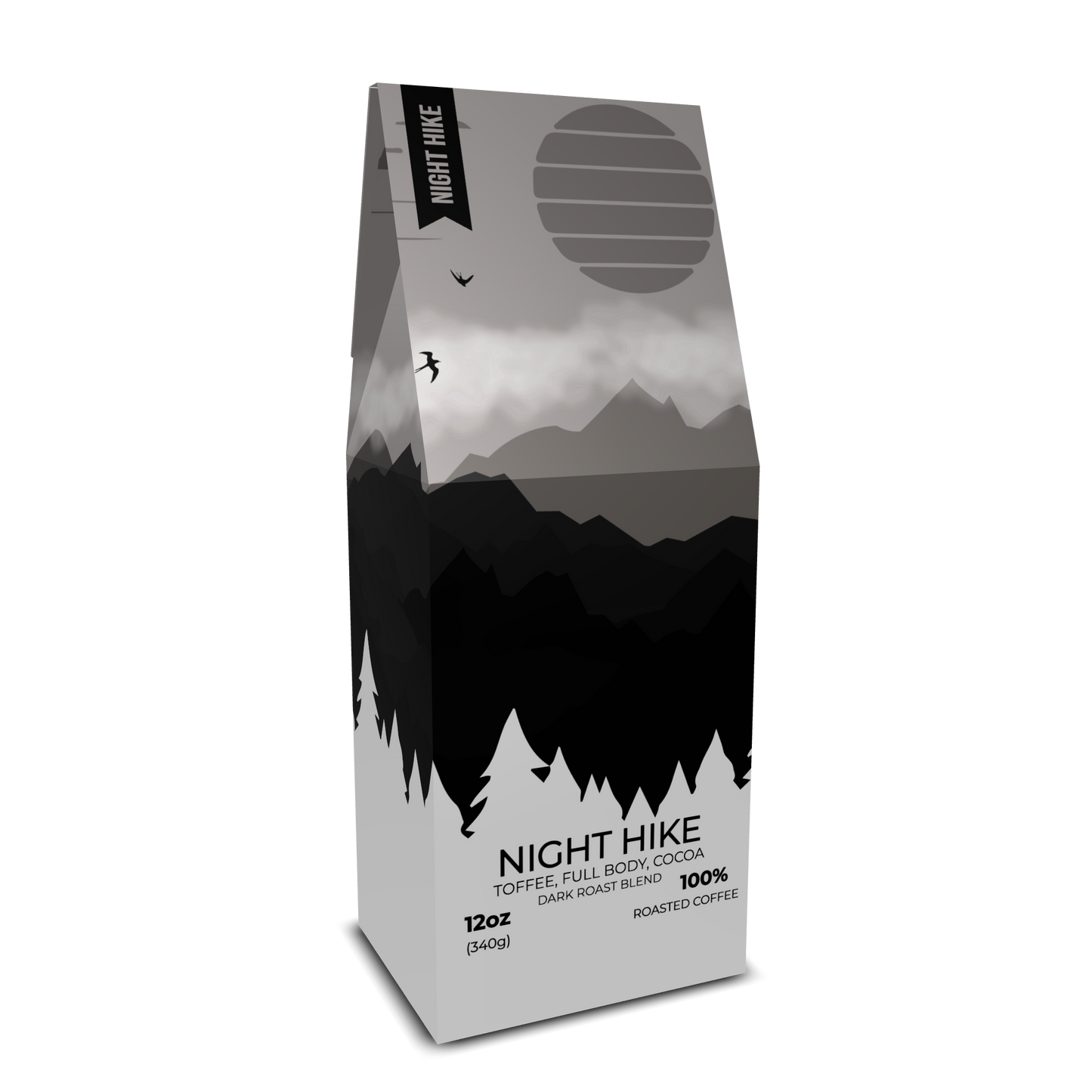 Mont Nero Coffee Night Hike Dark Roast Blend with toffee, cocoa, and full-bodied flavor in a coffee cup.