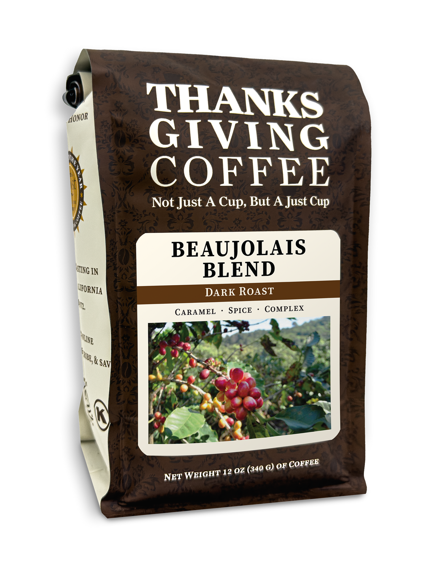 Dark roast Beaujolais Blend coffee from Thanksgiving Coffee Company in a 2023 packaging image.