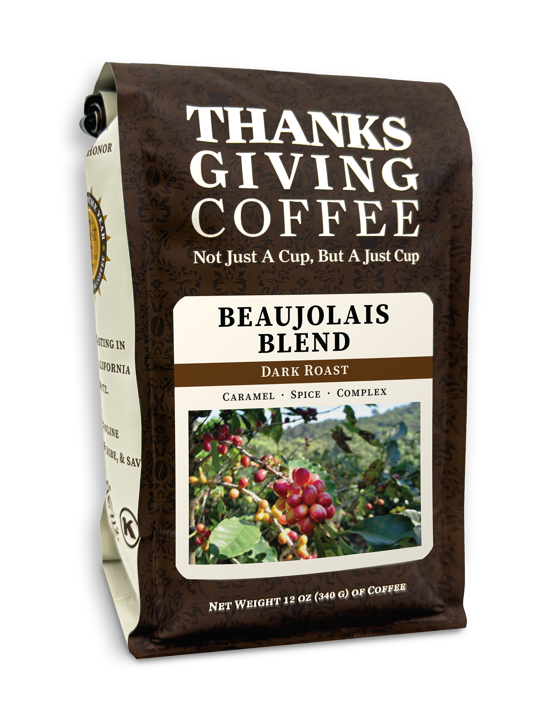Dark roast Beaujolais Blend coffee from Thanksgiving Coffee Company in a 2023 packaging image.