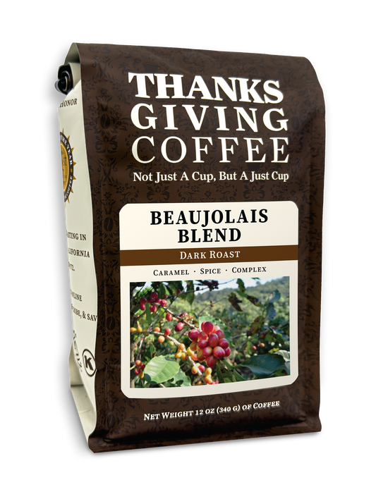 Dark roast Beaujolais Blend coffee from Thanksgiving Coffee Company in a 2023 packaging image.