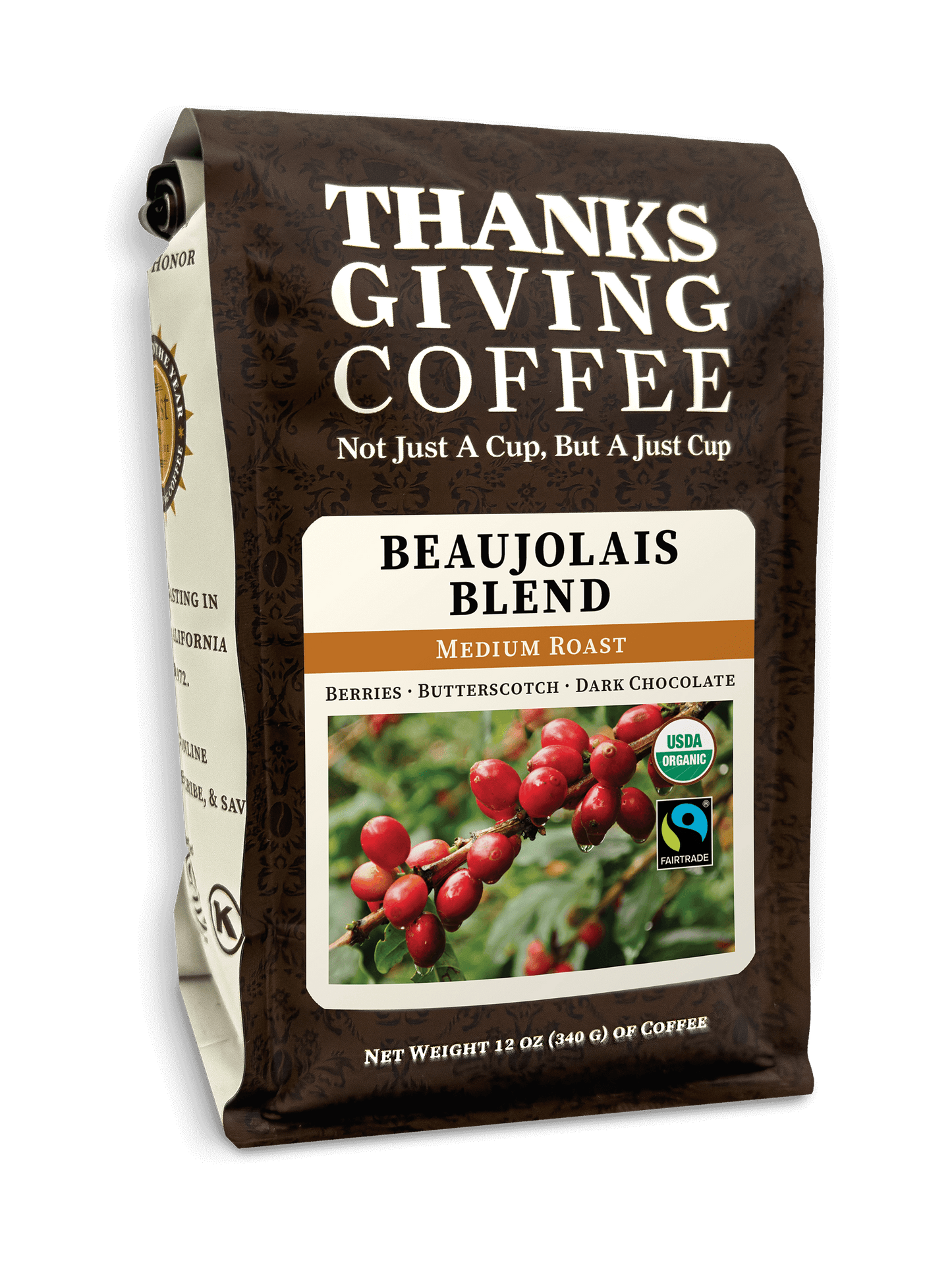 Medium roast Beaujolais Blend coffee bag by Thanksgiving Coffee Company, showcasing the FTO medium roast product for brewing.
