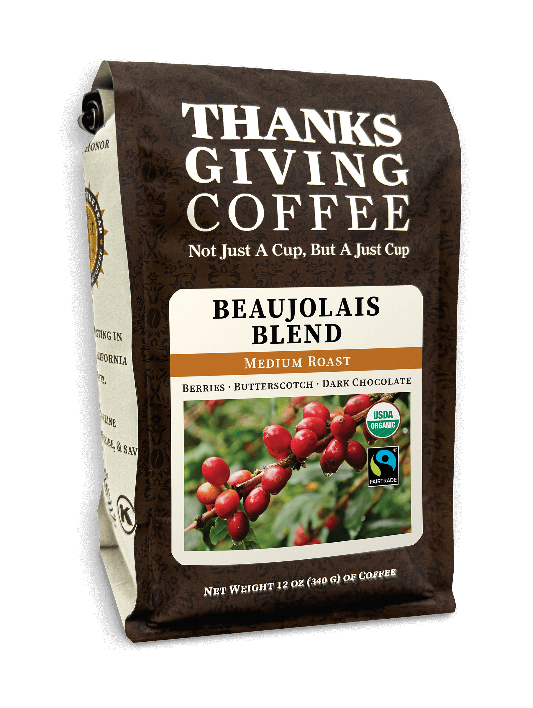 Medium roast Beaujolais Blend coffee bag by Thanksgiving Coffee Company, showcasing the FTO medium roast product for brewing.