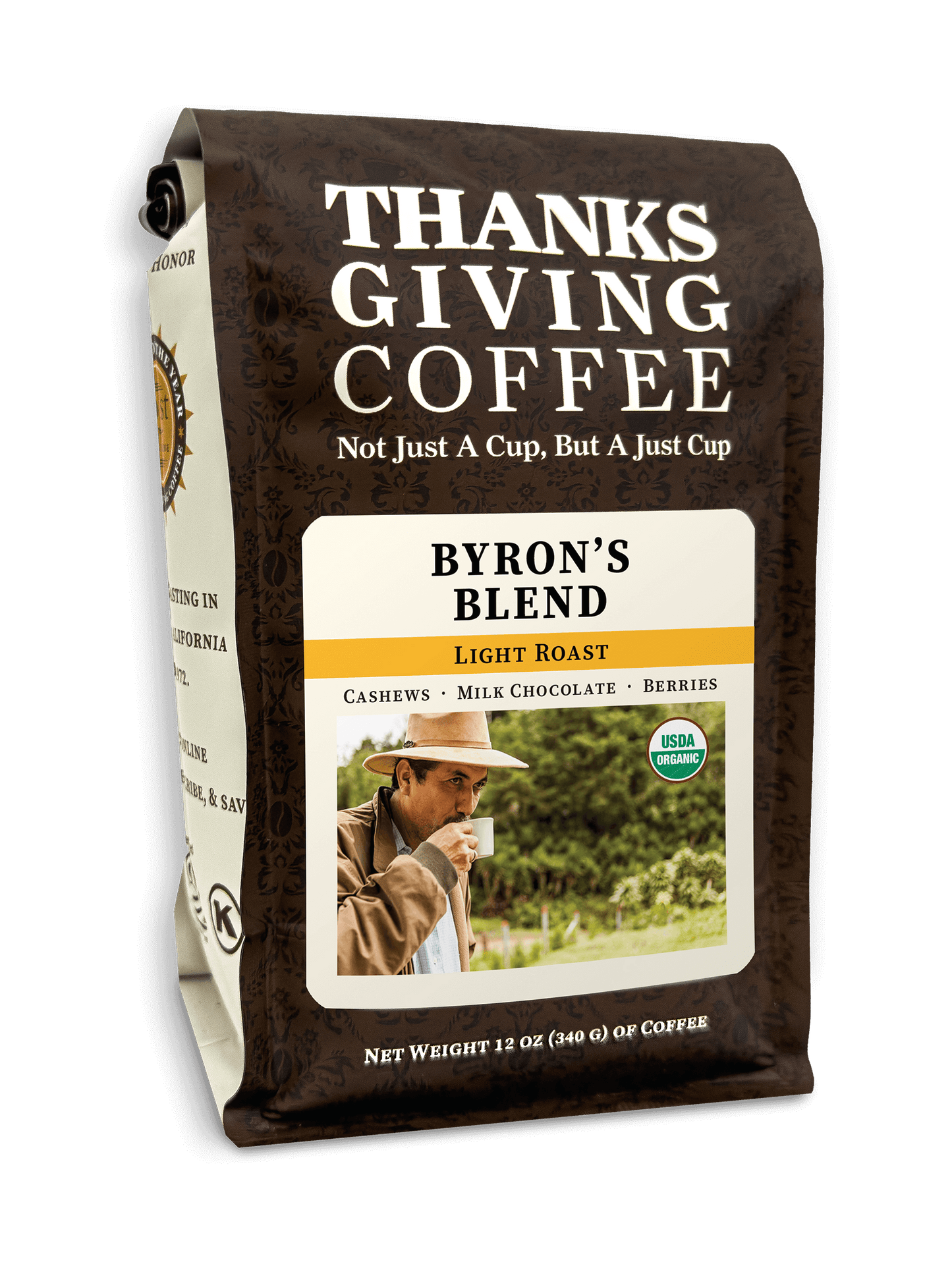 Bag of Byron's Blend light roast coffee from Thanksgiving Coffee Company, featuring a 2023 packaging design.